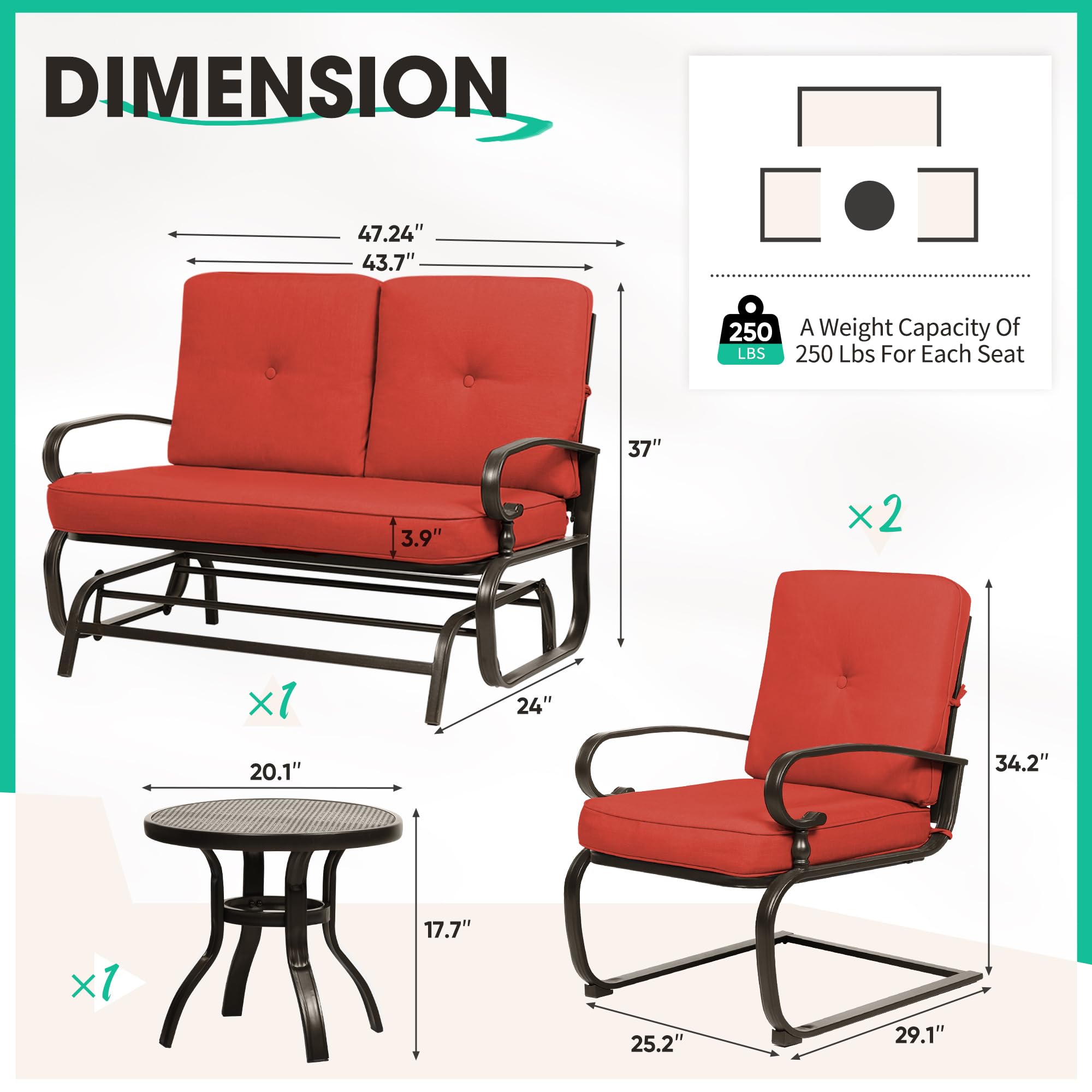 4Pcs Outdoor Metal Patio Furniture Set - Wrought Iron Glider, Bistro Table & 2 Spring Lounge Chairs (Red) - Perfect for Garden, Backyard, Porch & Poolside Relaxation