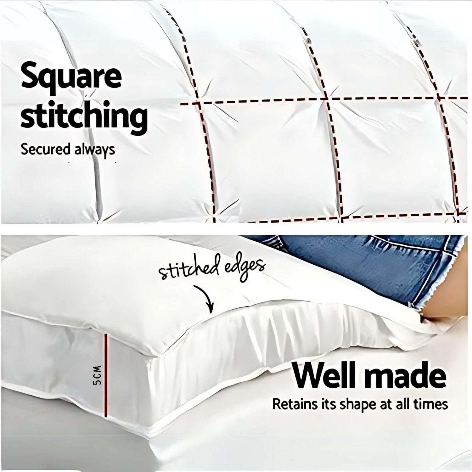 5cm Box Stitched Quilted Microfiber Bunk Bed Mattress Topper - Deep Pocket Fitted Bed Pad with Elastic Straps for Kids & Dorms | Soft & Breathable | Perfect for Bunk Beds, Trundle Beds & Sleepovers