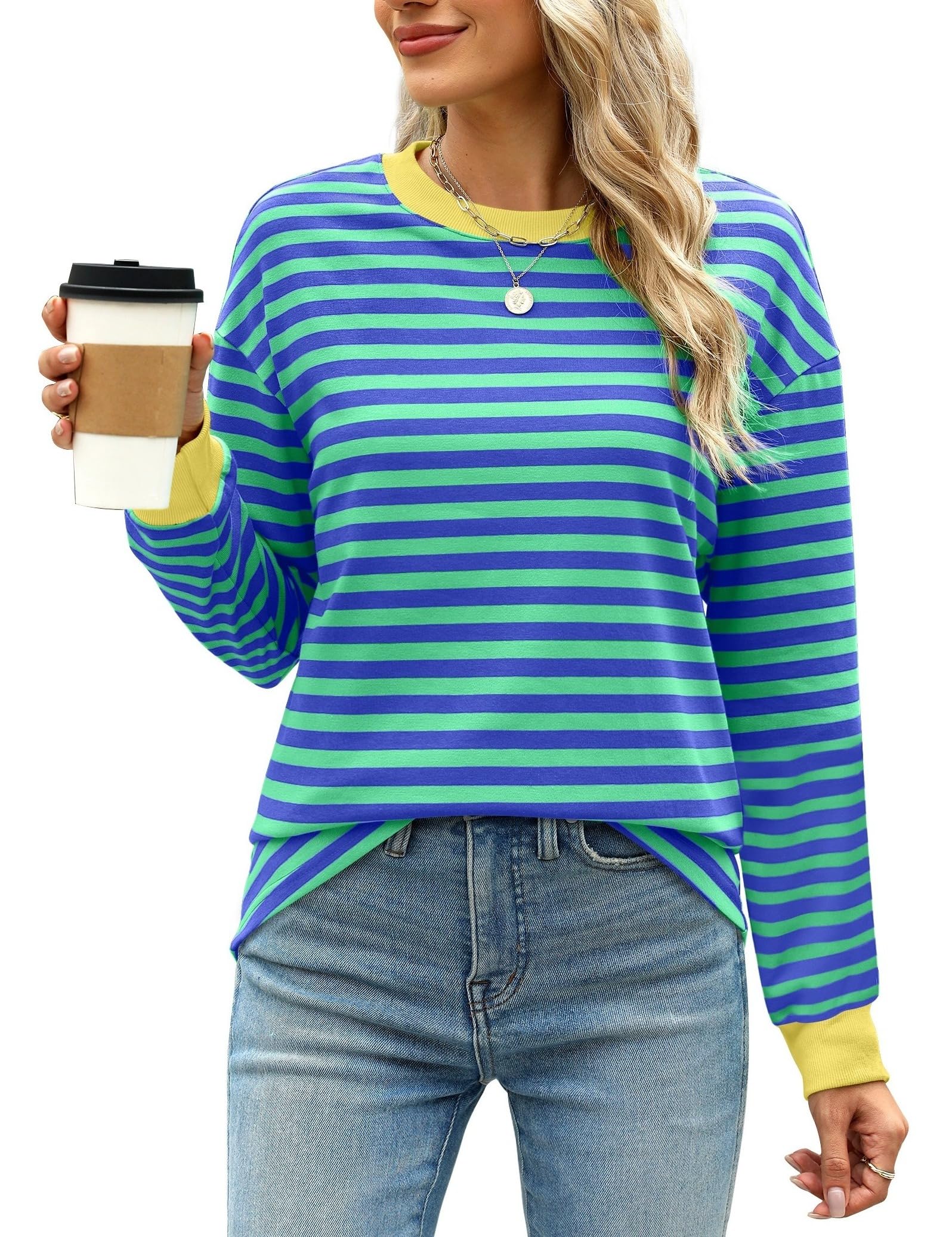 WIHOLL Women's Long Sleeve Striped Tunic Top - Crewneck Casual Blouse for Work, Office & Everyday Wear | Comfortable & Stylish Plus Size Tops