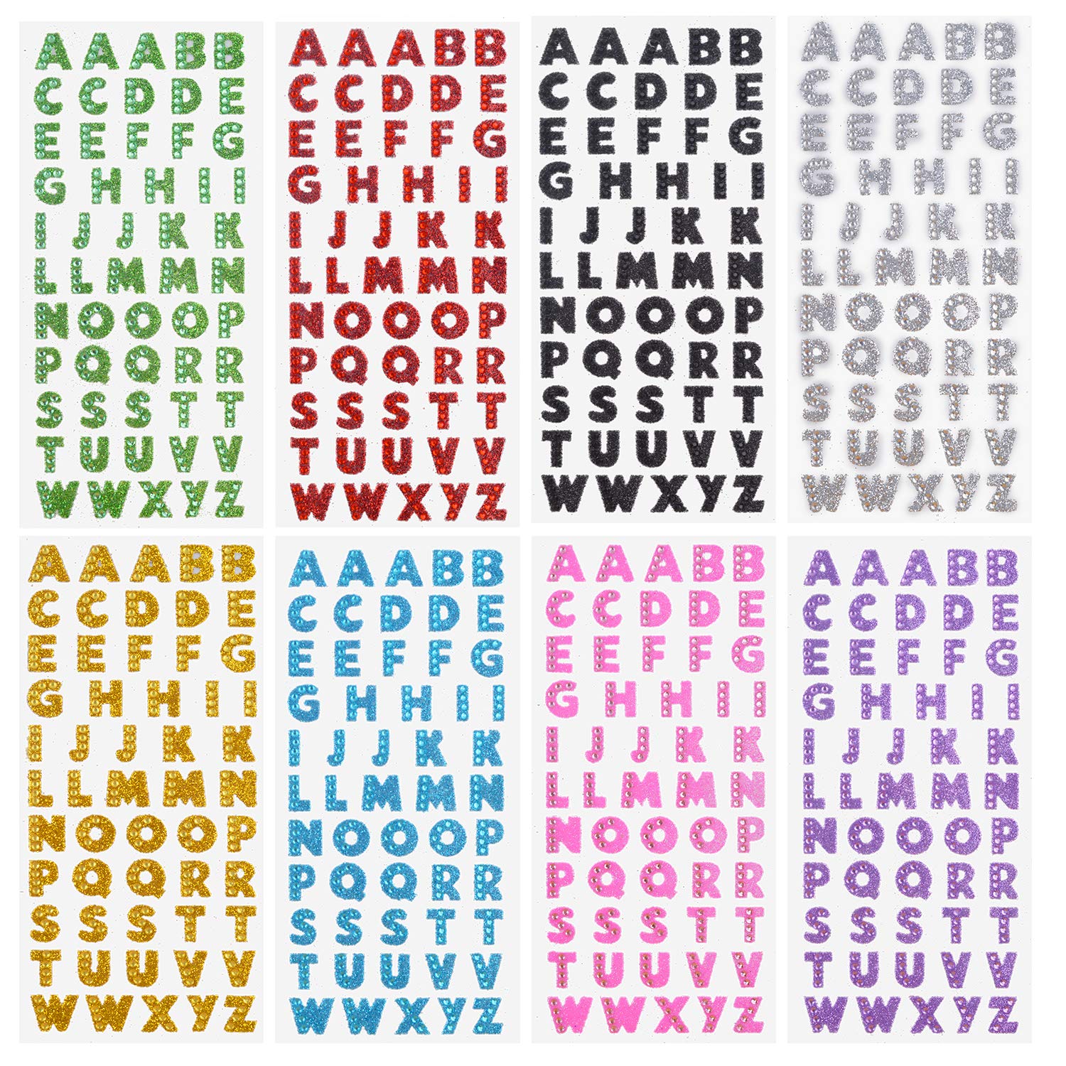 Self Adhesive Glitter Alphabet Stickers - 8 Sheets A to Z Crystal Rhinestone Letters for Graduation Caps, DIY Crafts, Scrapbooking & Home Decor (8 Vibrant Colors)