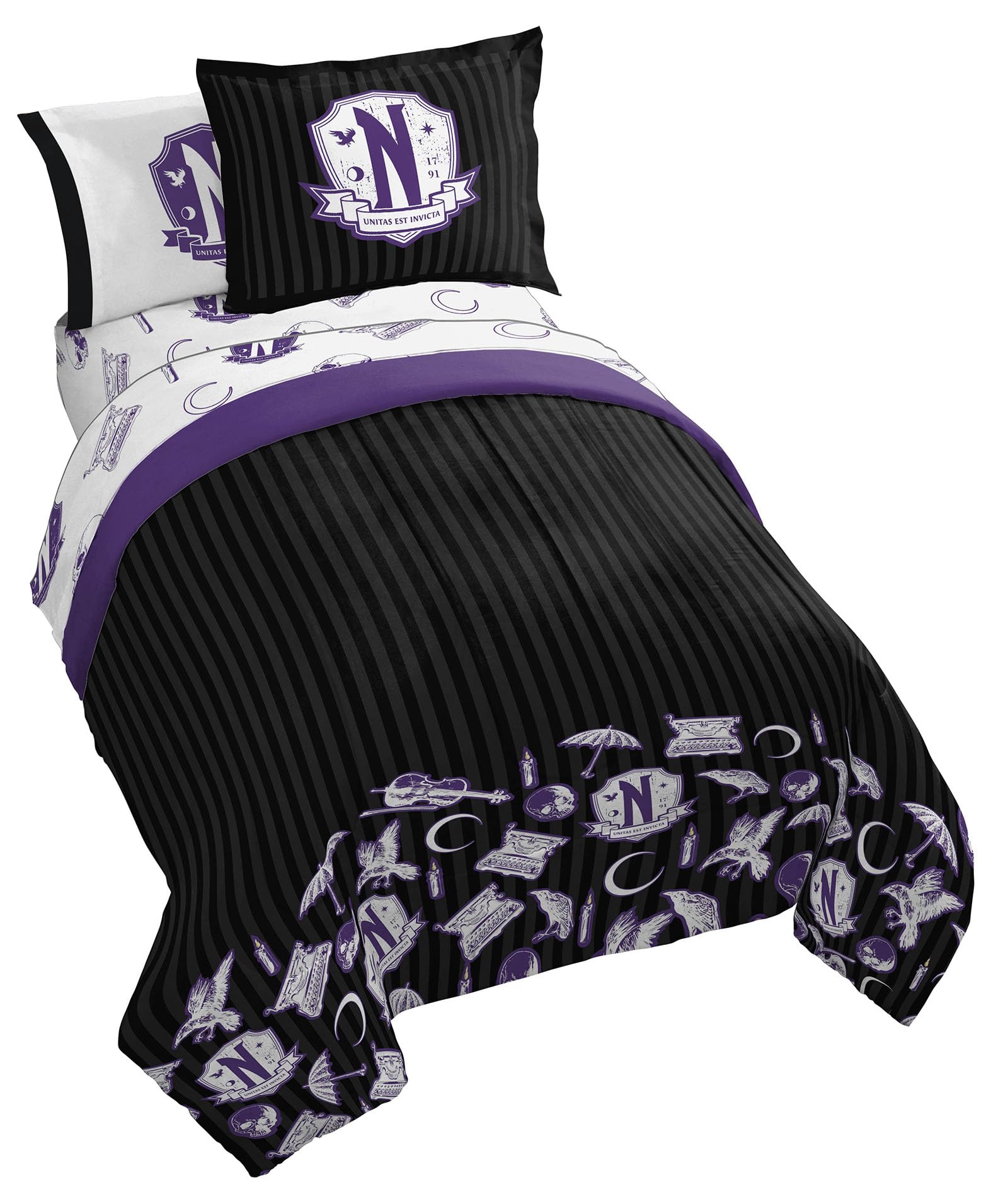 Wednesday Addams Twin Comforter Set - 5 Piece Bedding with Sheets & Pillowcases - Black & Grey Striped Super Soft Kids Bedding for Boys & Girls - Perfect for Halloween, Gothic Room Decor or Addams Family Themed Bedrooms