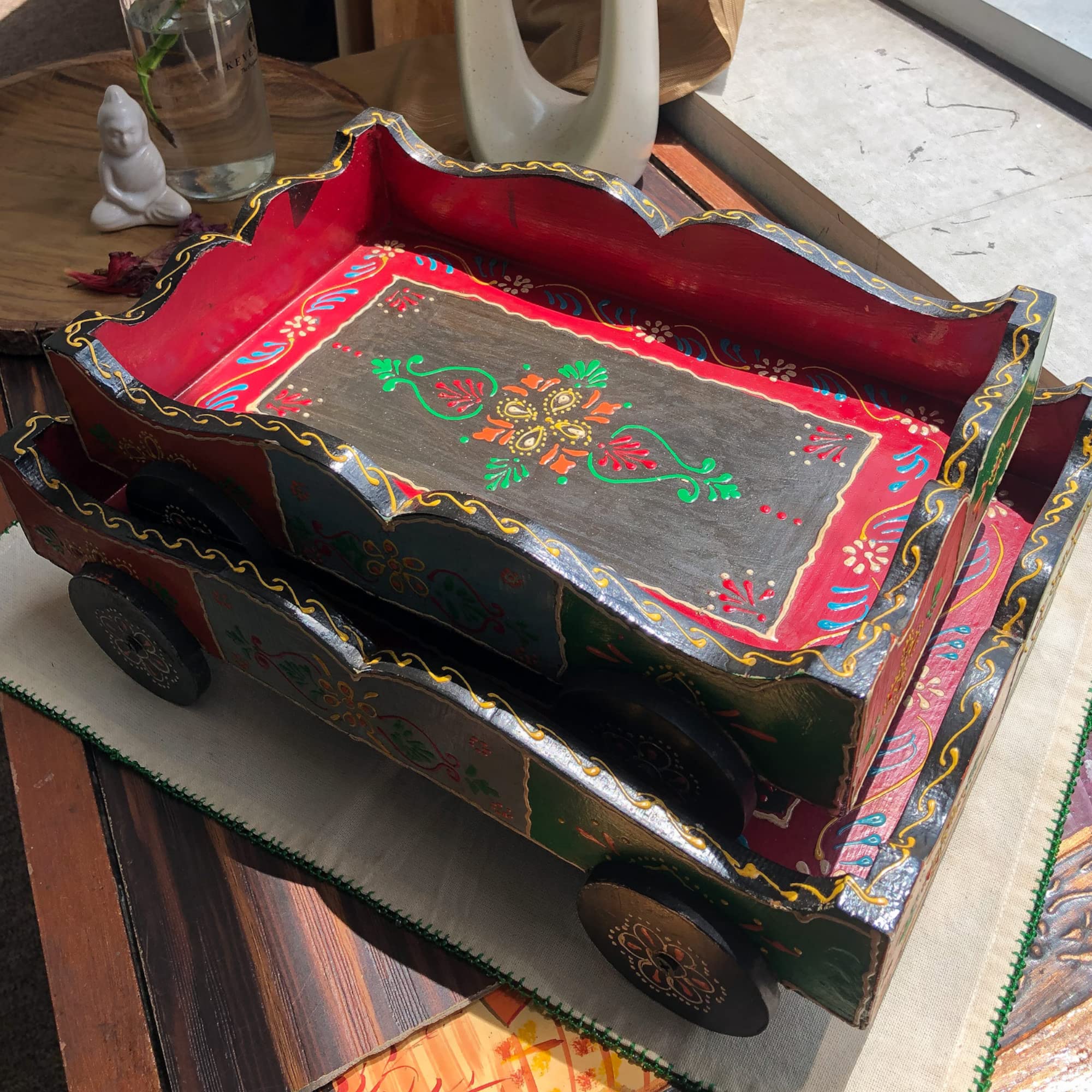 Handmade Wooden Serving Tray with Hand-Painted Embossed Design - Multi-Color Set of 2 - Perfect for Kitchen, Dining Table, Home Decor, Gifts, Restaurants, Living Room & Coffee Table - Ideal for Breakfast in Bed, Tea Parties & Entertaining Guests