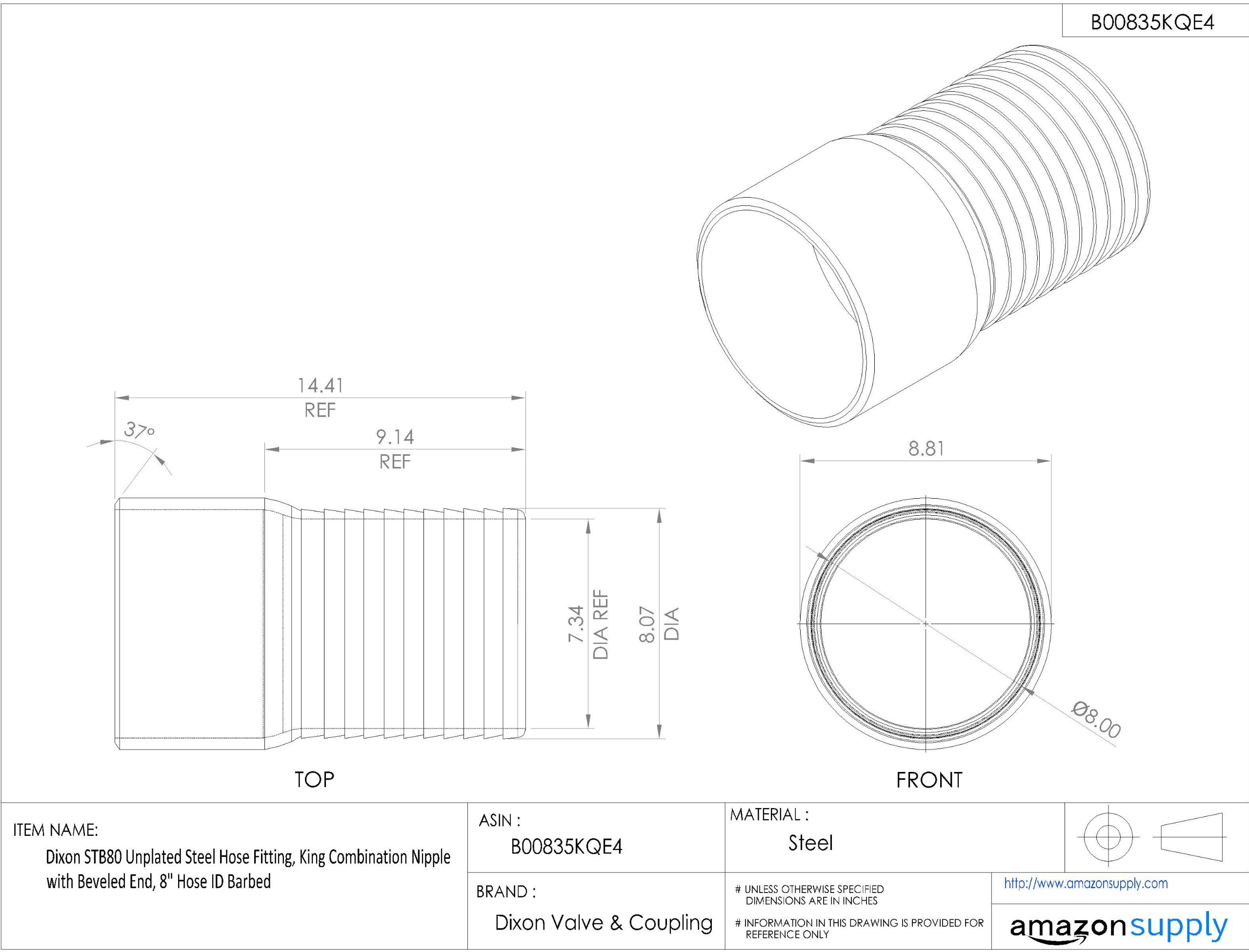 Dixon STB80 Unplated Steel Hose Fitting - King Combination Nipple with Beveled End for 8