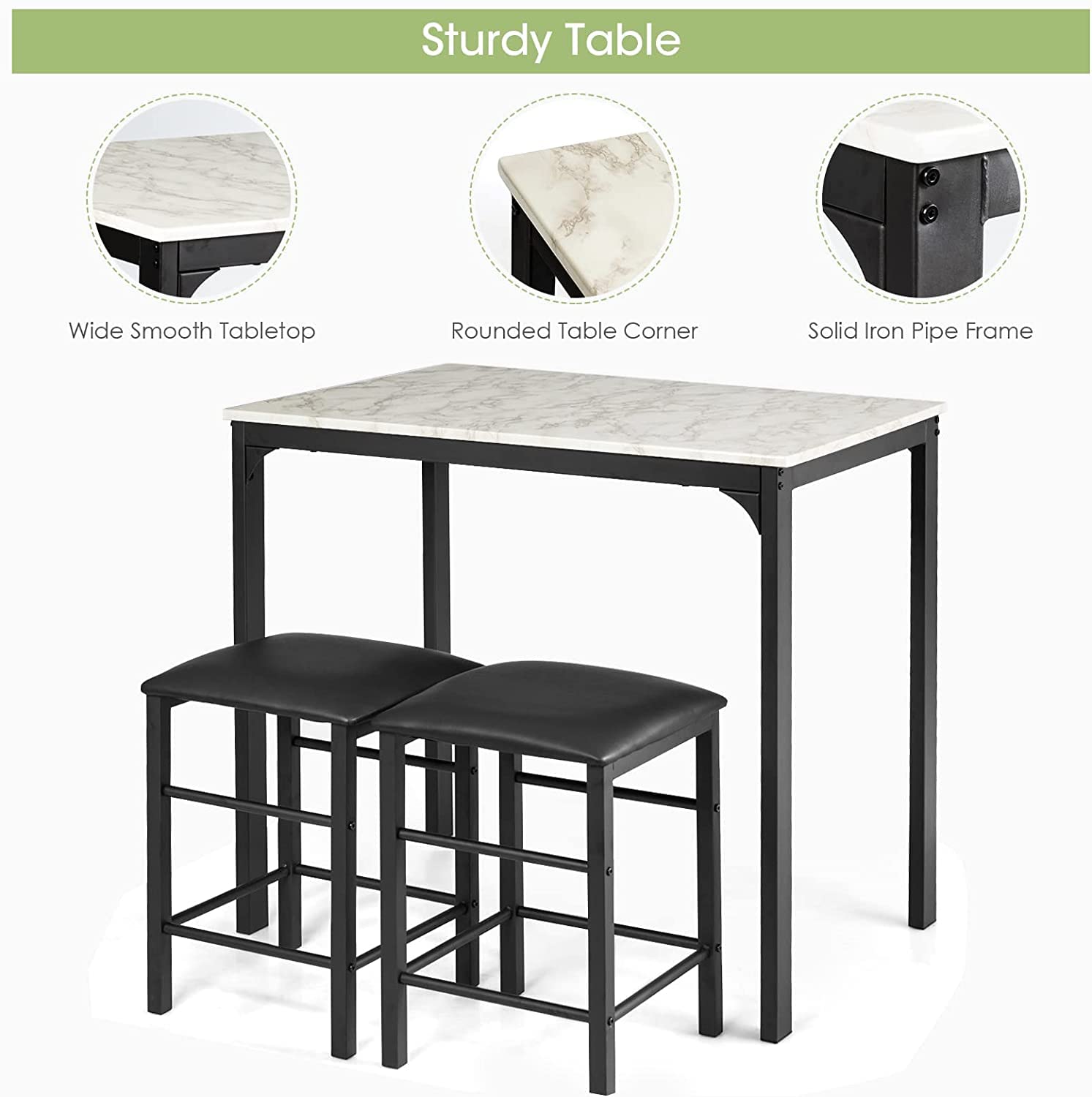 FANTASK 3-Piece Counter Height Dining Table Set for 2 - Small Kitchen Table with 2 Faux Leather Backless Stools, Space-Saving Breakfast Nook Set for Apartments, Kitchens, Bars & Small Spaces (White) | Perfect for Studio Apartments, Tiny Homes & Compact Dining Areas