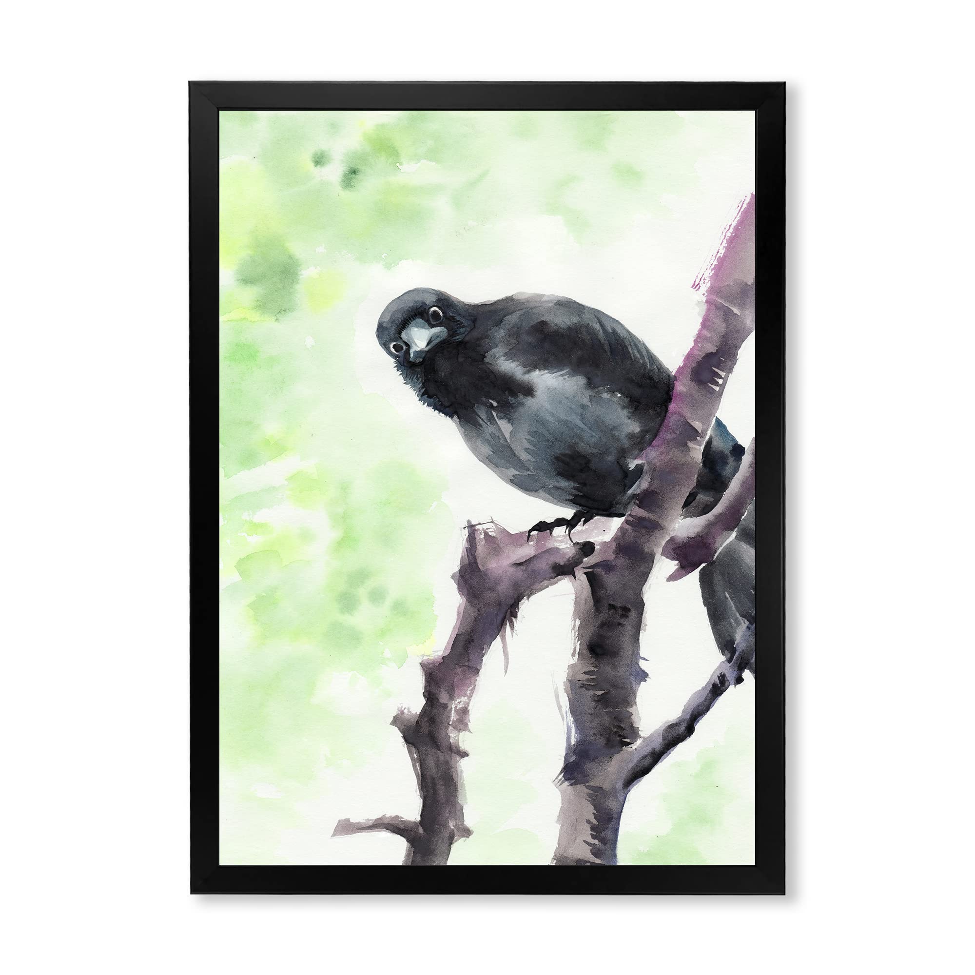 DesignQ Curious Crow on a Branch Traditional Framed Wall Art - Vintage Home Decor for Living Room, Bedroom & Office