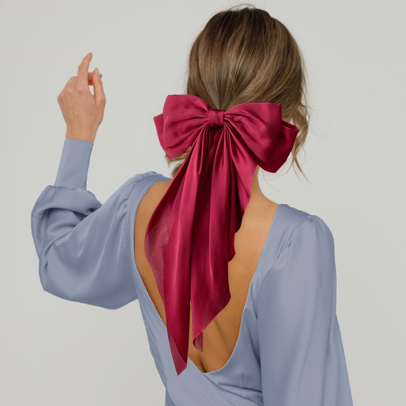 Elegant Satin Hair Bows for Women & Girls - 2 Pack Large Silky Bow Hair Clips with Metal Clips & Long Tails - Perfect Hair Accessories for Parties, Weddings & Birthday Gifts (Black & Red)