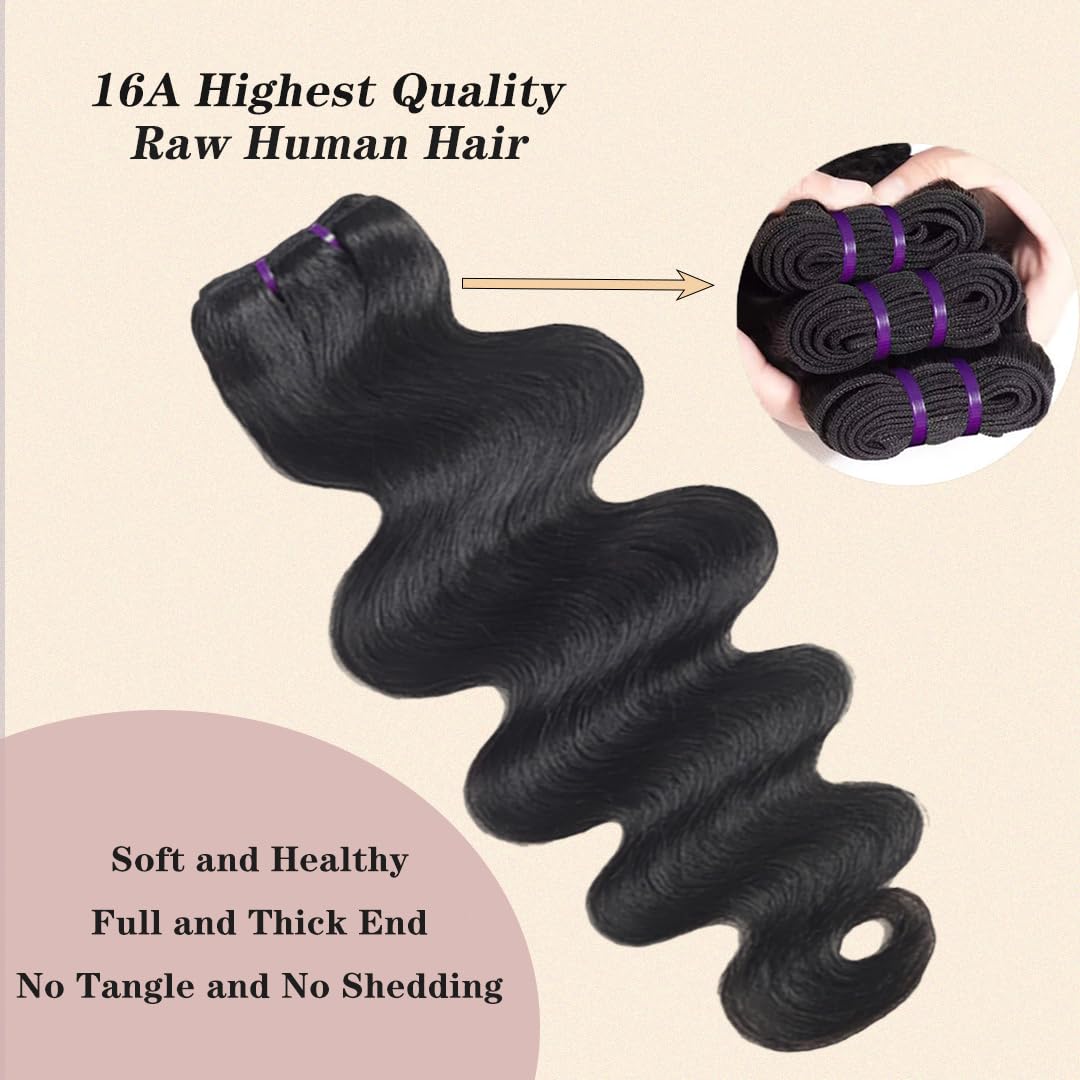 22 24 26 Inch Brazilian Virgin Body Wave Human Hair Bundles - 3 Bundles 16A Grade Raw Human Hair with Glossy Quick Wave for Black Women (Natural Color) | Perfect for Weaves, Extensions & Protective Hairstyles