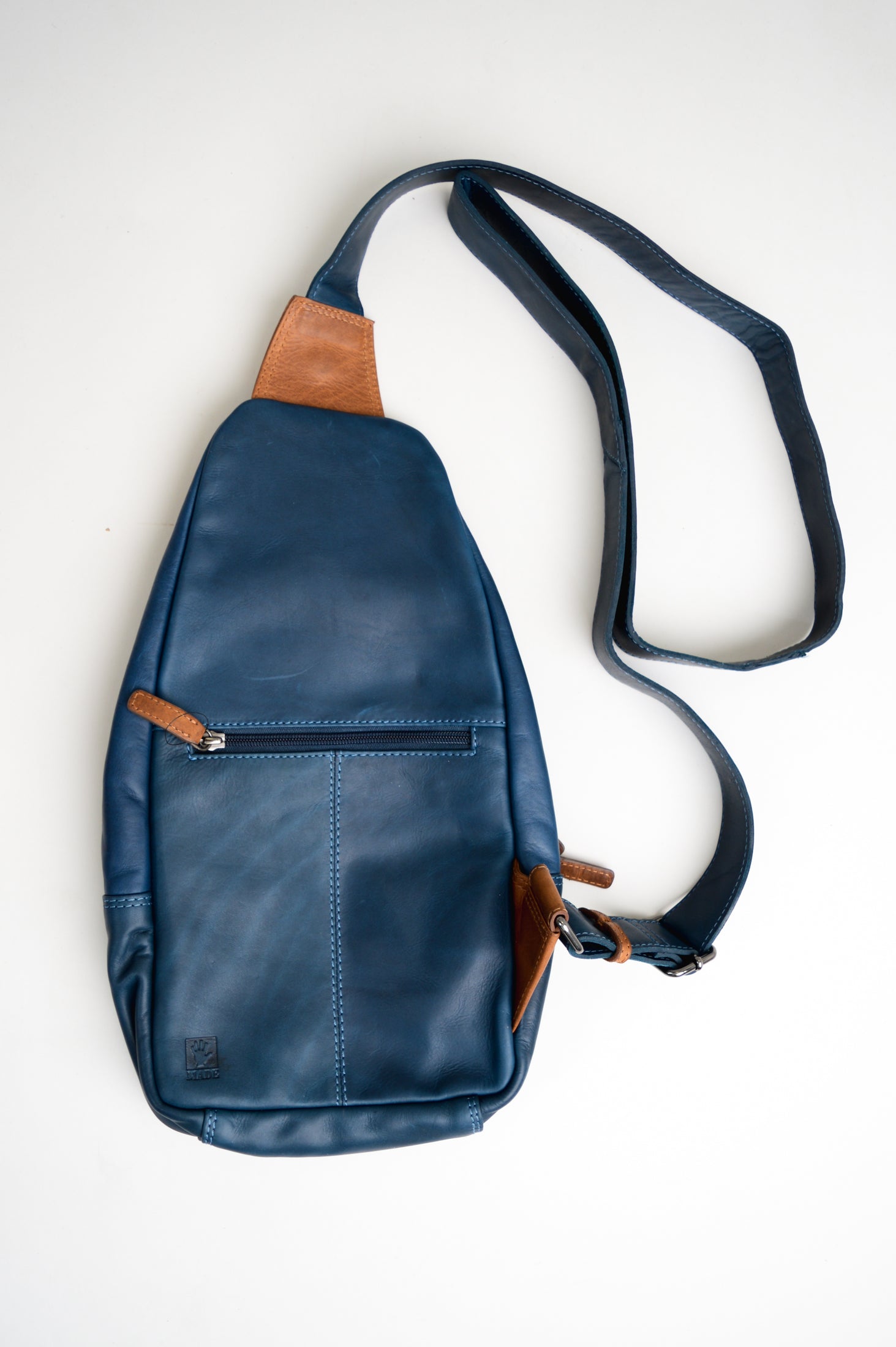 Adrian Klis 1854 Sling Bag - Premium Buffalo Leather Crossbody Bag in Blue & Tan | Perfect for Travel, Work & Everyday Use