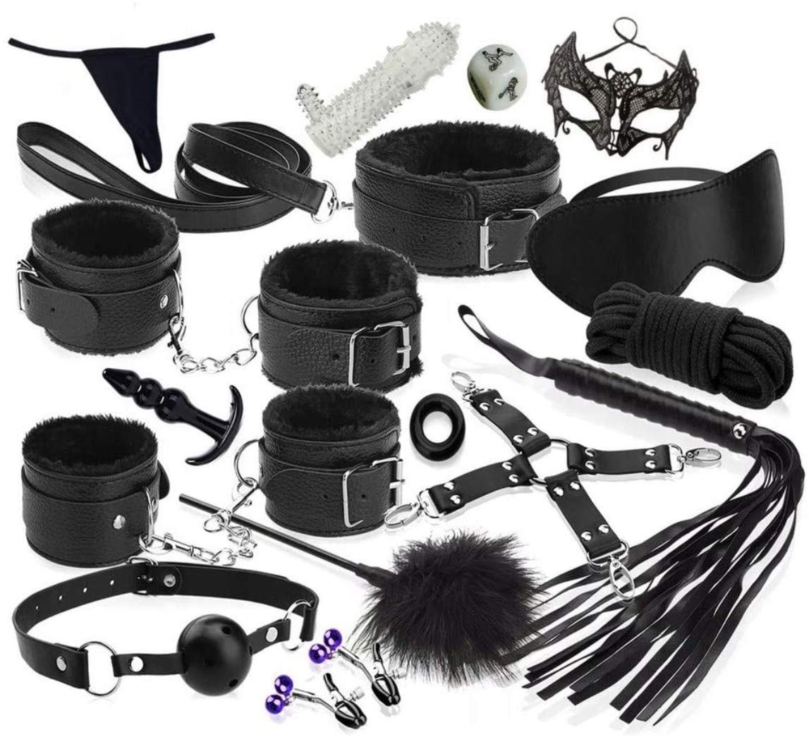 LOVONE 18-Piece Bondage Set for Couples - Handcuffs, Blindfold & Restraints - Perfect for Beginners & Experts - BDSM Sex Toys for Sensual Play & Role Play - Black