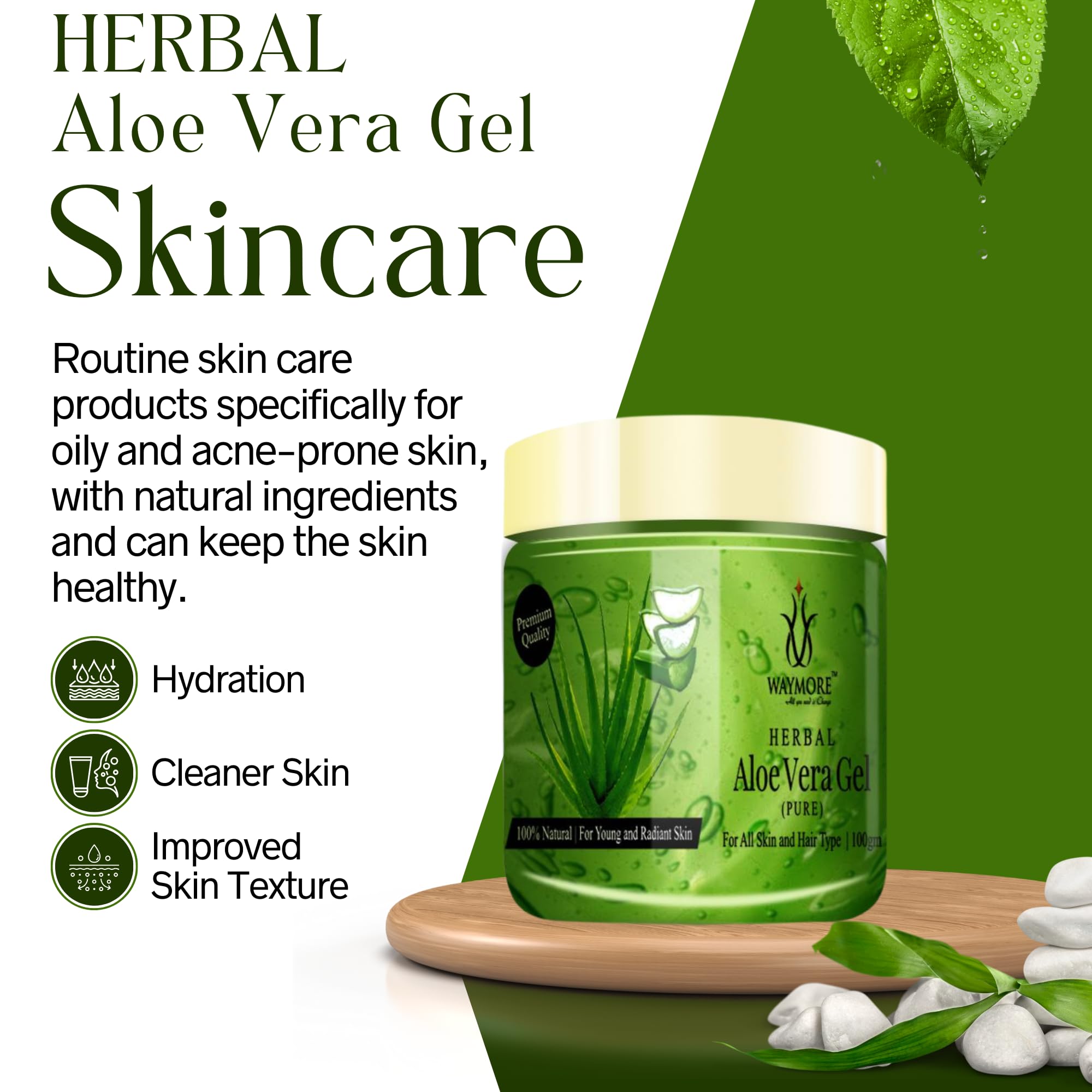 WAYMORE Pure Aloe Vera Gel for Skin & Hair Care - 100% Natural Moisturizer for Face, Body & Scalp - Soothes Sunburn, Acne & Dry Skin - 3.5oz (100g) Pack of 1 - Perfect for Daily Skincare Routine & After-Sun Relief