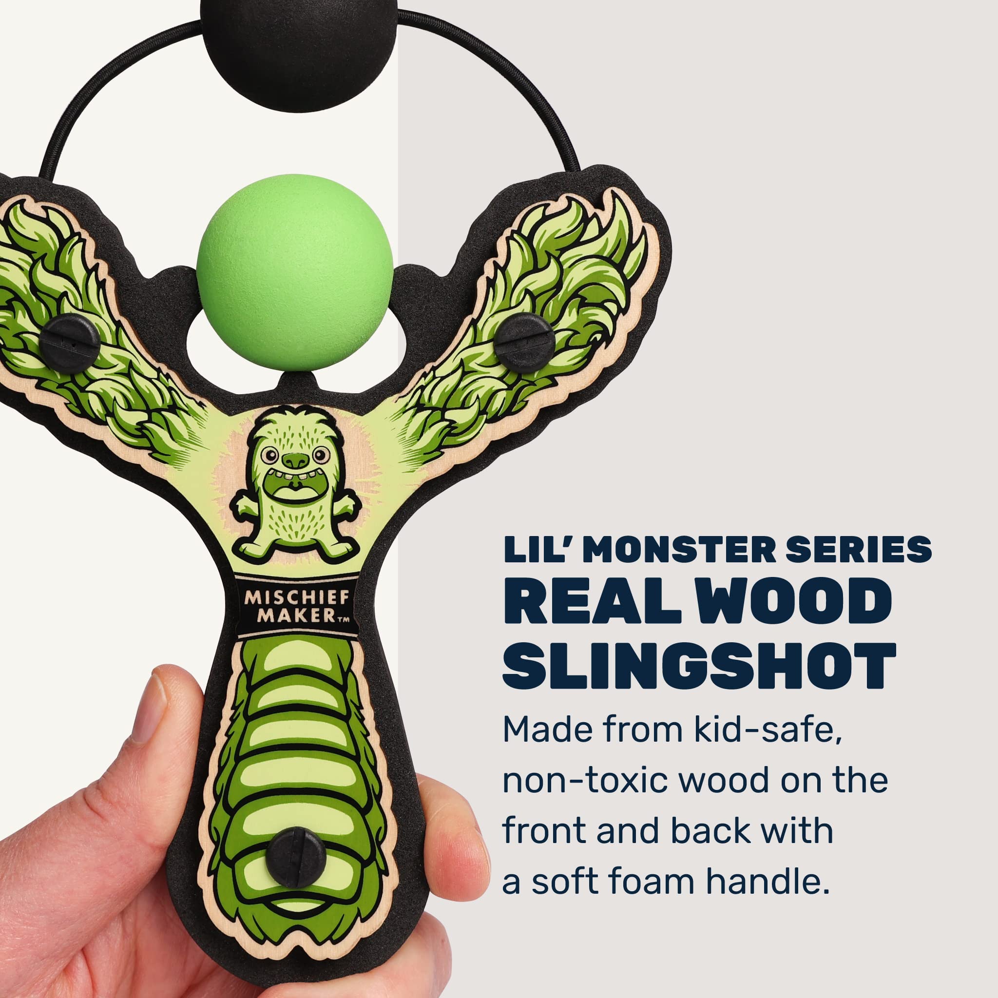 Mischief Maker® Wooden Slingshot - Lil' Monster Series - Real Wood Catapult Toy for Kids Ages 4+ with 4 Soft Foam Balls & Storage Bag - Outdoor Play, Backyard Games, Camping Fun (Green)