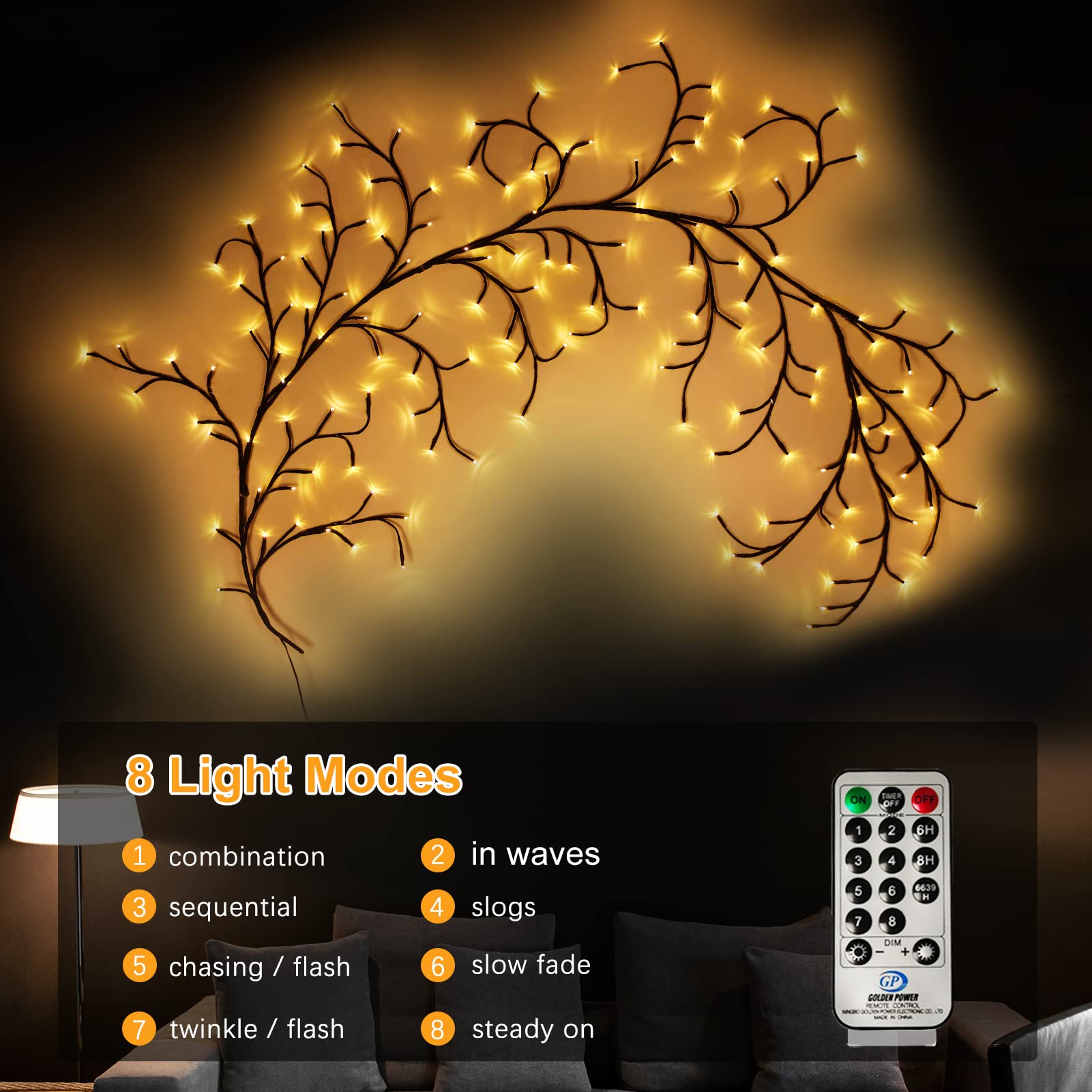 8FT Willow Vine Lights with Remote - 144 LED Fairy Lights for Indoor Wall Decor, Christmas Tree Branches, Enchanted Garden & Bedroom Lighting (1PCS) - Perfect for Home, Party & Wedding Decorations