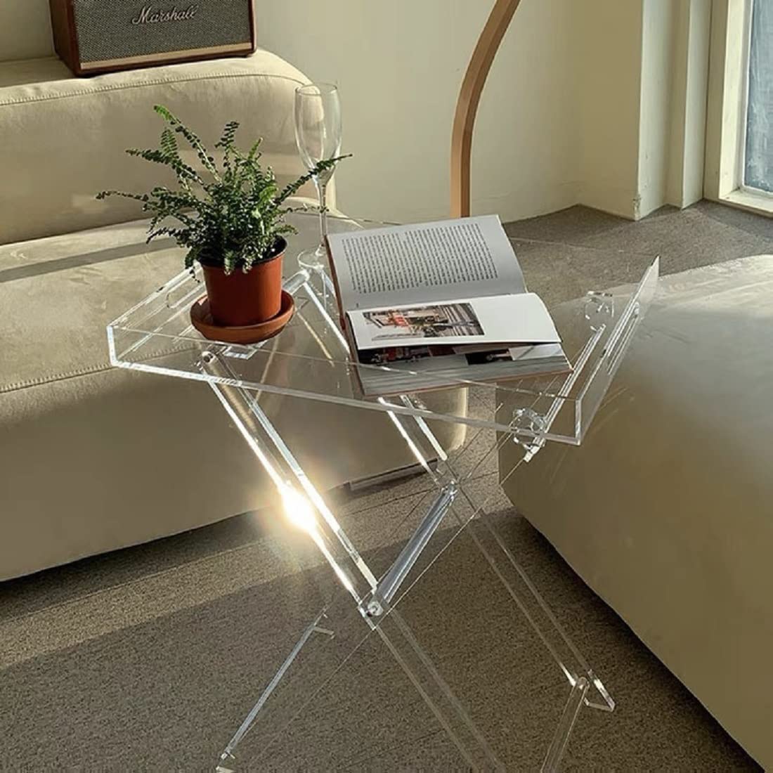 Gdrasuya10 Clear Acrylic Folding Tray Table - 19 Inch Modern Square Coffee Table & Portable Serving Table for Small Spaces - Perfect for Living Room, Bedroom, Balcony & Outdoor Use