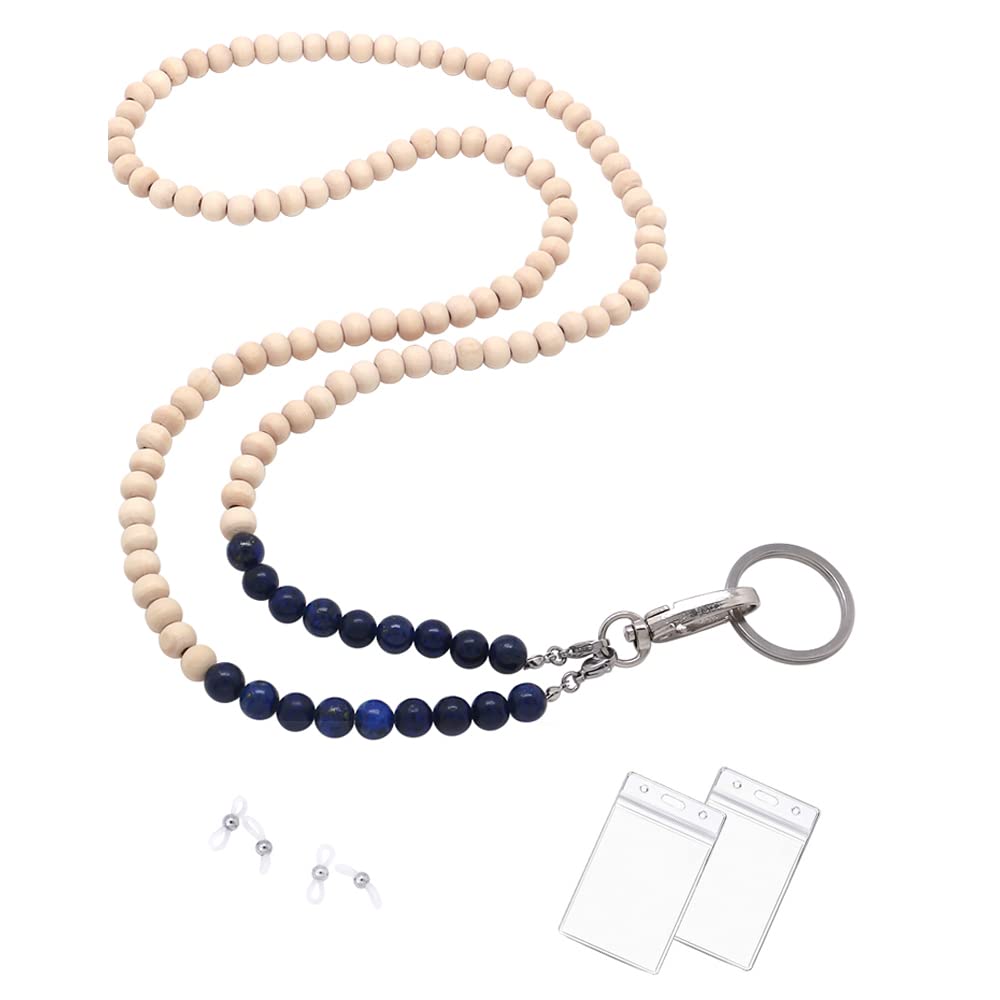 Wooden Beaded Lanyard for ID Badges & Keys - Lapis Lazuli Stone Necklace for Women - Office & Event Use