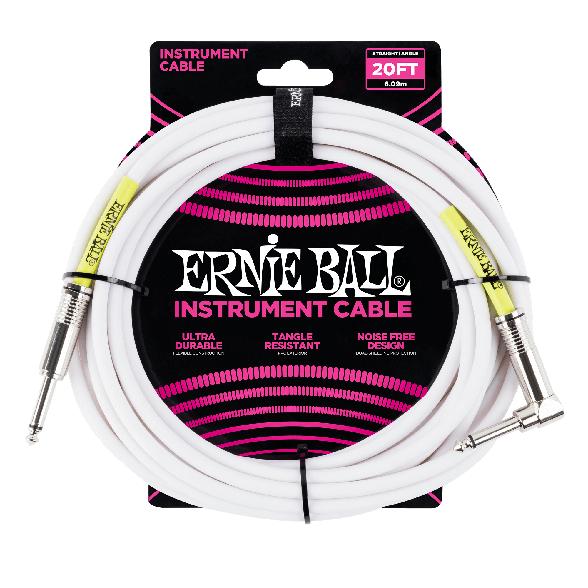 Ernie Ball 20ft Straight/Angle Instrument Cable - White - Premium Guitar/Bass Cable for Live Performance & Studio Recording