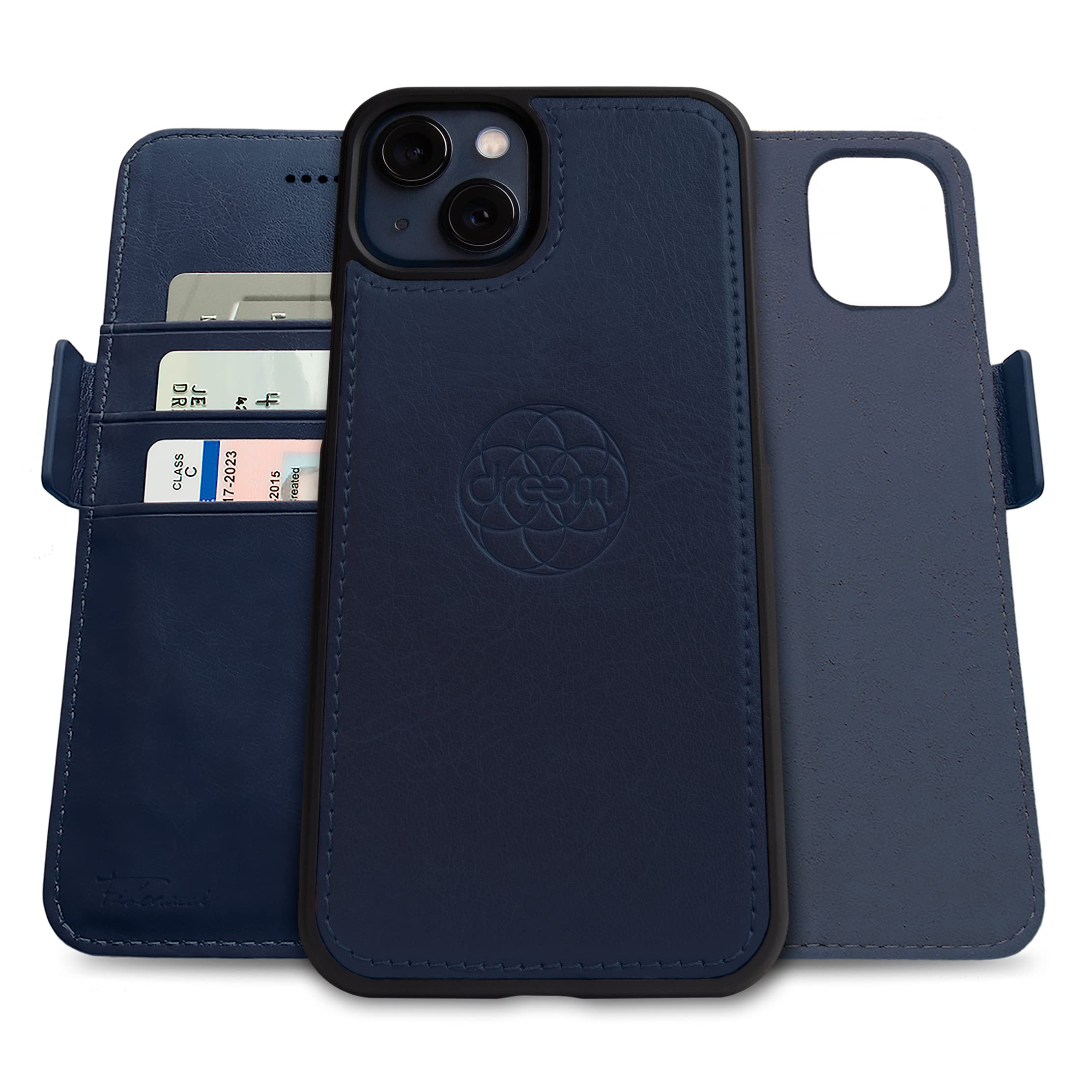 Dreem Fibonacci Vegan Leather Wallet Case for iPhone 13 - 2-in-1 Detachable Magnetic Cover with Kickstand, RFID Blocking Card Holder & MagSafe Compatibility (Royal Blue) | Perfect for Work, Travel & Everyday Protection
