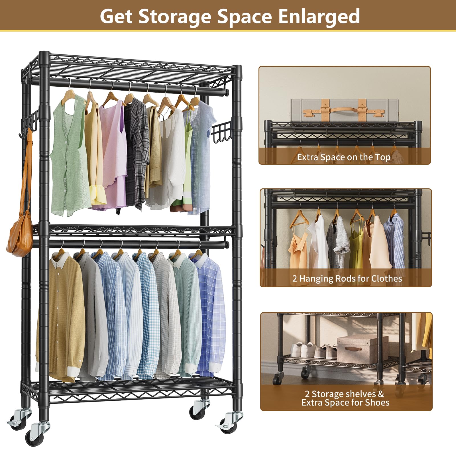 Heavy Duty Rolling Garment Rack with 3-Tier Adjustable Wire Shelves - Double Rods & Side Hooks for Hanging Clothes | Freestanding Wardrobe Storage | Portable Metal Closet Organizer for Bedroom, Laundry Room, or Retail Store