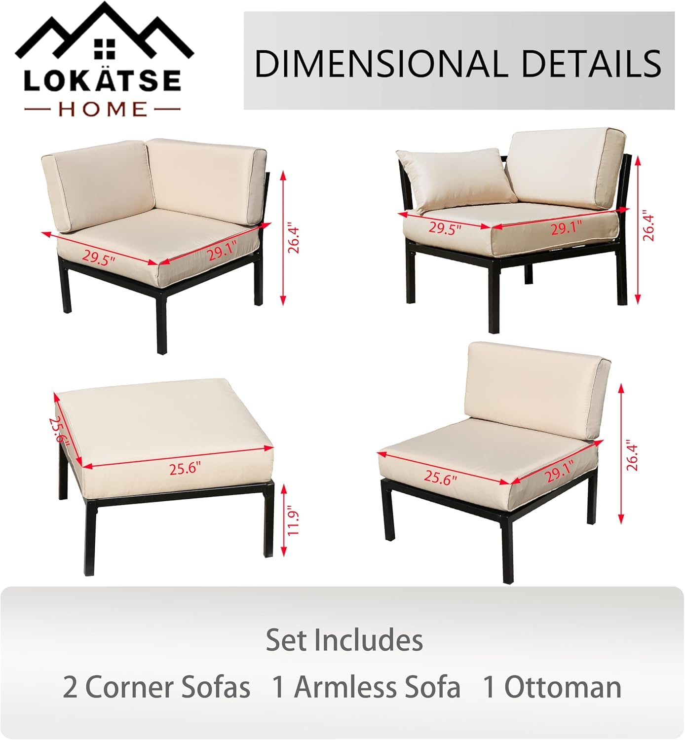 LOKATSE HOME 4-Piece Outdoor Patio Furniture Set - Waterproof Wicker Sectional Sofa with 2 Corner Chairs, 1 Armless Chair & Ottoman - Khaki Cushions - Perfect for Backyard, Garden, Poolside & Patio Relaxation