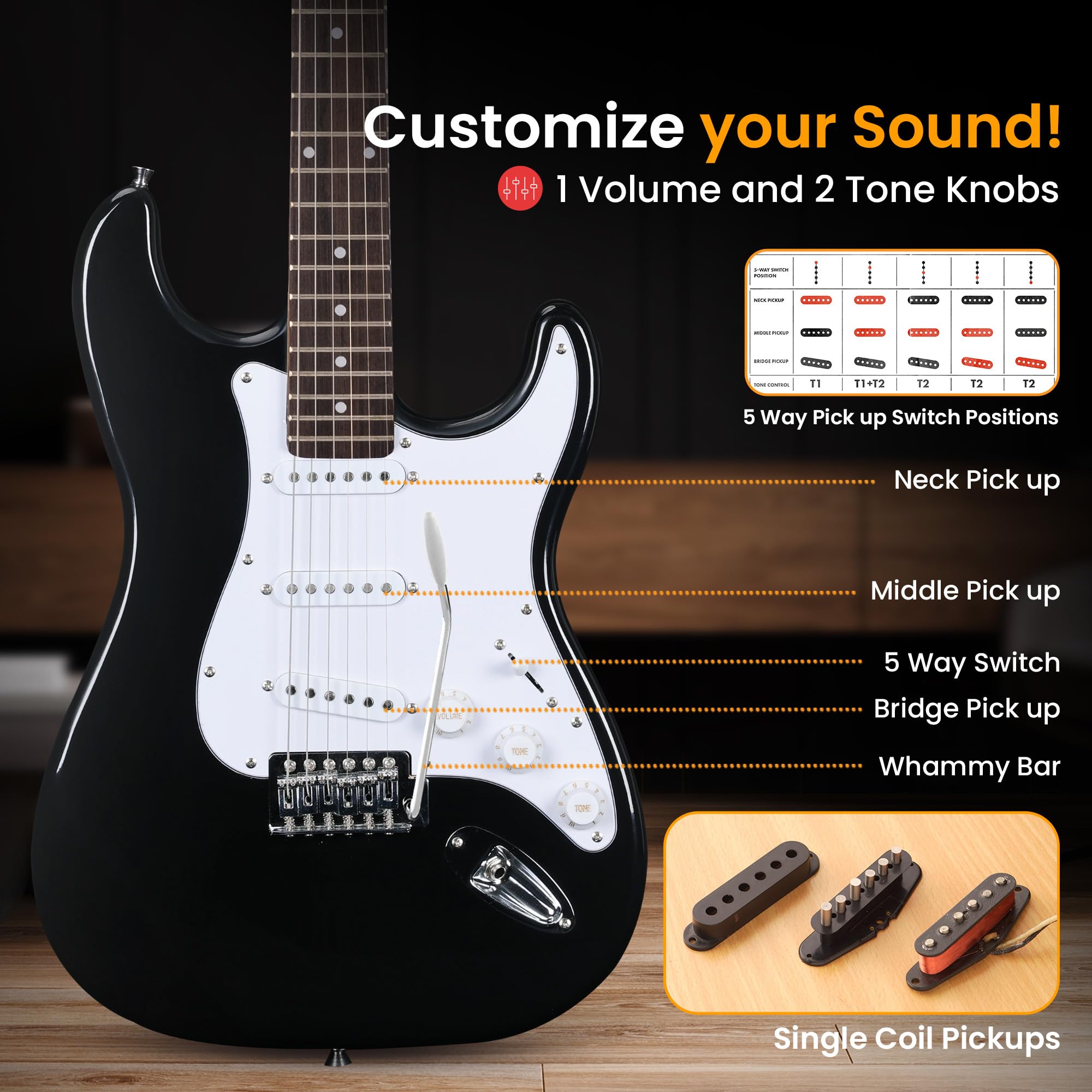 **Pyle Full Size Electric Guitar Kit with 5W Amp, Gig Bag, Picks, Strings & Strap – ST-Style Beginner Guitar Bundle, 22 Frets, Paulownia Wood Body, Black – Perfect for Beginners, Practice & Live Performances**