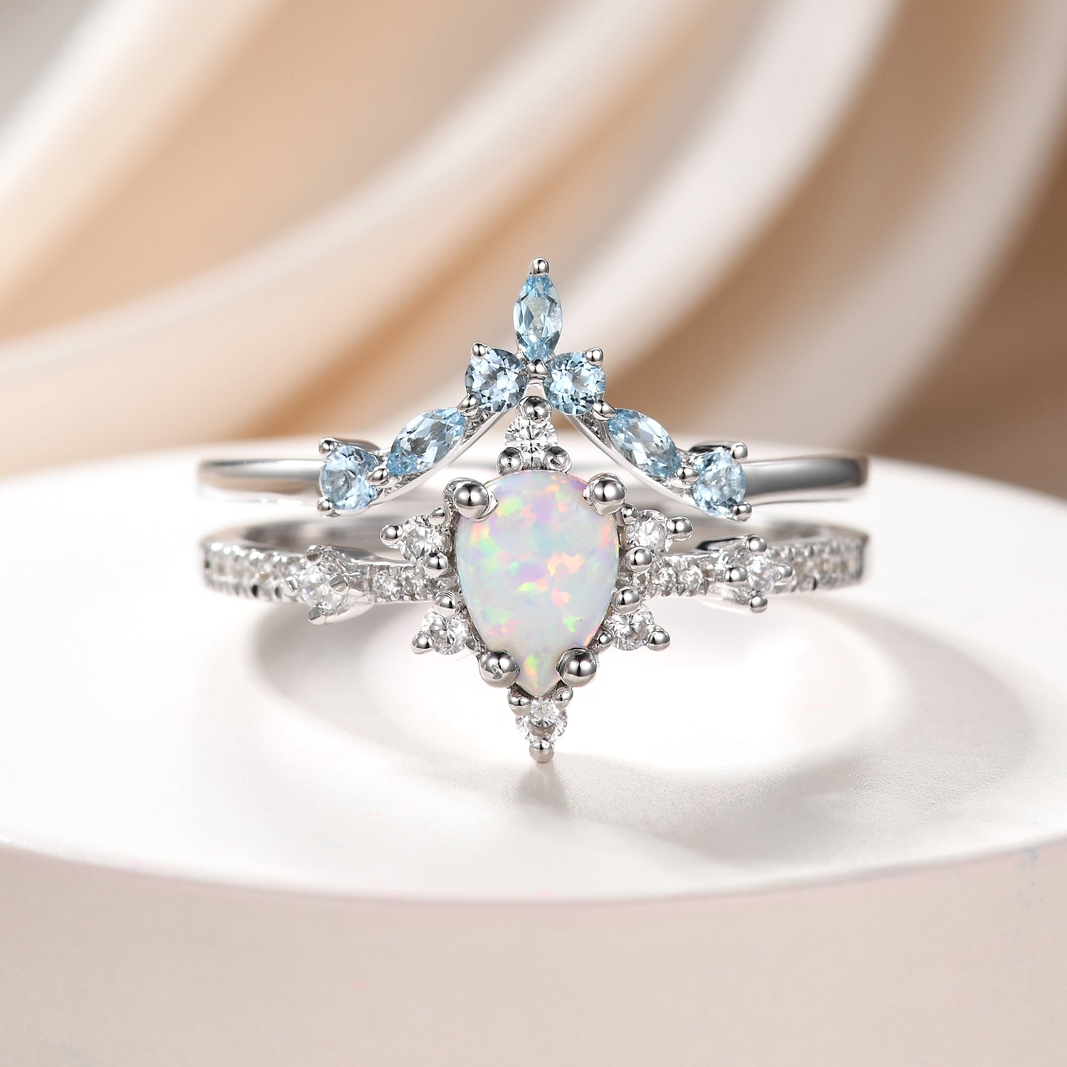 Vintage Opal Wedding Ring Set - 14k White Gold with Blue Topaz Curved Band for Brides, Engagement, Anniversary & Special Occasions