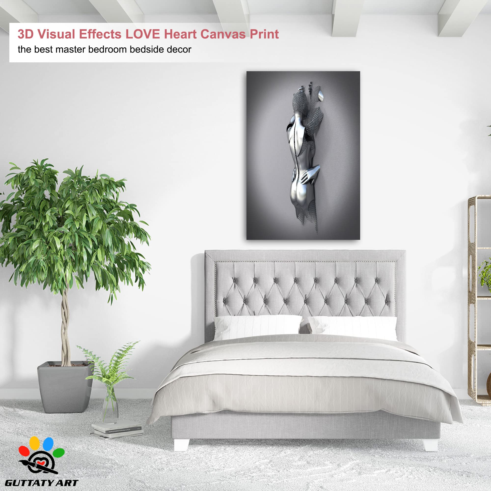 3D Metal Effect Love Heart Gray Wall Art - Romantic Hugging Couple Canvas for Bedroom & Living Room Decor - Valentine's Day Gift for Couples (32x48 Inches) - Perfect for Anniversary, Wedding & Home Interior Design