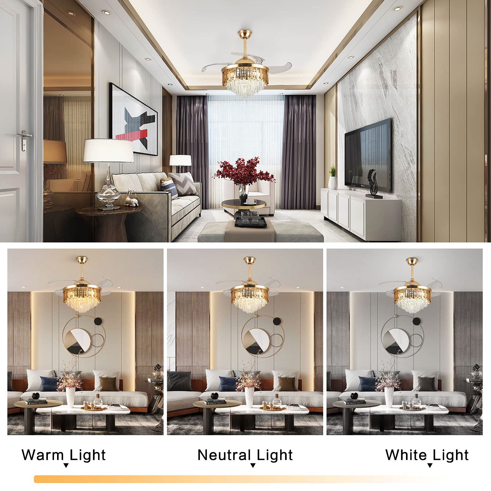 OUKANING 42 Inch Crystal Ceiling Fan with LED Lights - Remote Control, 3-Speed Adjustable, Quiet Retractable Blades - Perfect for Dining Room, Bedroom, Living Room & Office Decor