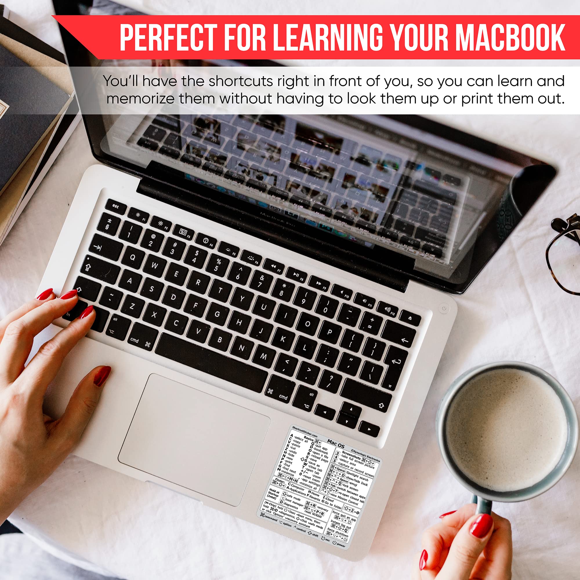 Synerlogic (2 Pack) Mac OS Shortcuts Stickers - Clear Vinyl Keyboard Stickers for MacBook Air & Pro 13-16