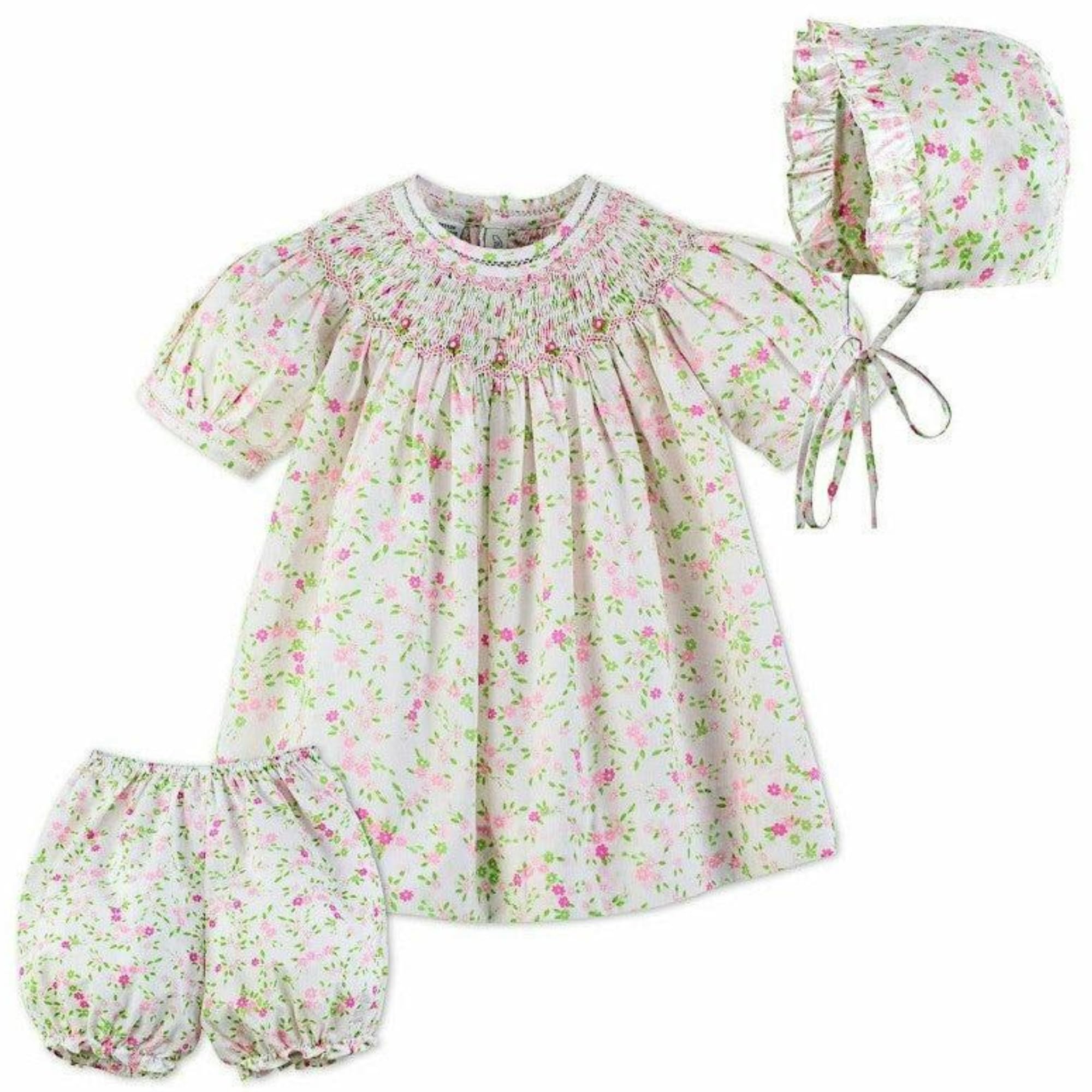 Baby Girl Hand Smocked Floral Bishop Dress - Elegant Church & Special Occasion Outfit for Infants & Toddlers