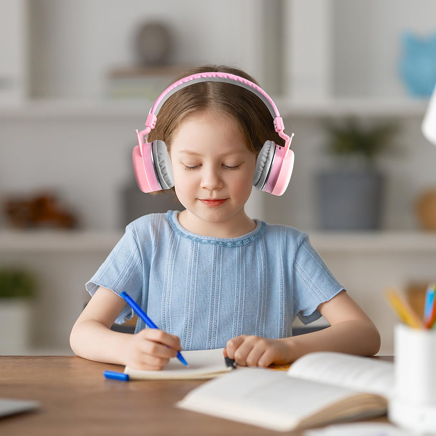 Wireless Kids Bluetooth Headphones with Microphone - Over Ear Noise Cancelling Headphones for Boys & Girls, Cute Toddler Headset with TF Card Slot - Perfect for School, Travel, Phone & Tablet Use (Pink)