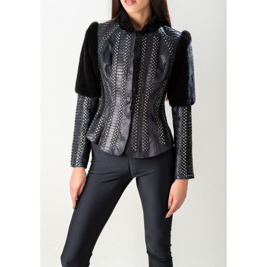 VICPMCR Men's Casual Python Skin Jacket with Mink Collar & Swarovski Crystals - Luxury Outerwear for Parties, Weddings & Special Occasions