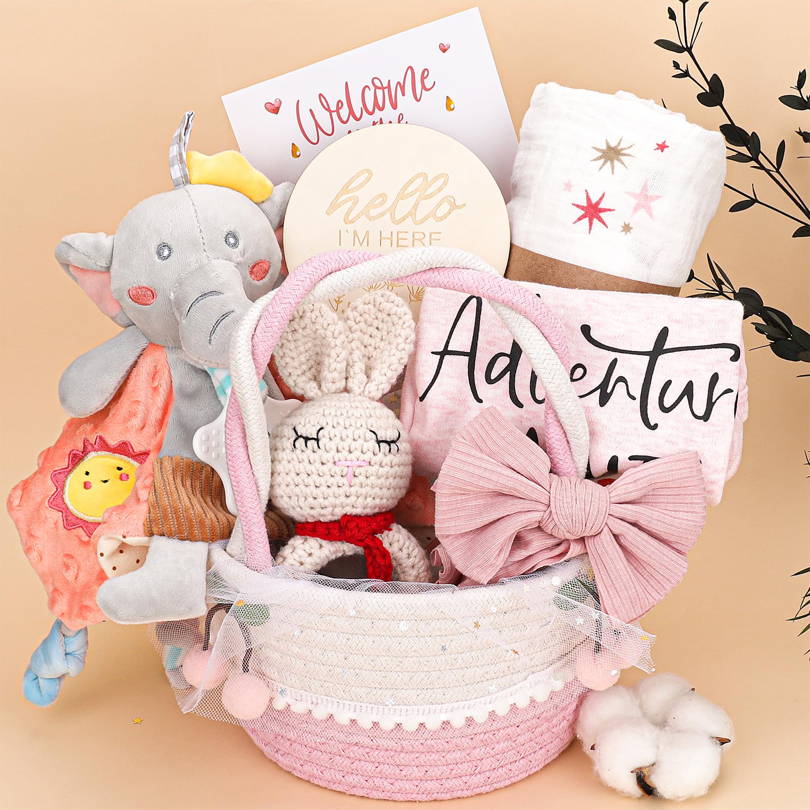 **Premium Baby Girl Gift Basket Set - Newborn Baby Shower Gifts for Girls, Gender Reveal Essentials with Rattle & Swaddle Blanket - Perfect for Birthdays, Christenings & Welcome Home Celebrations**