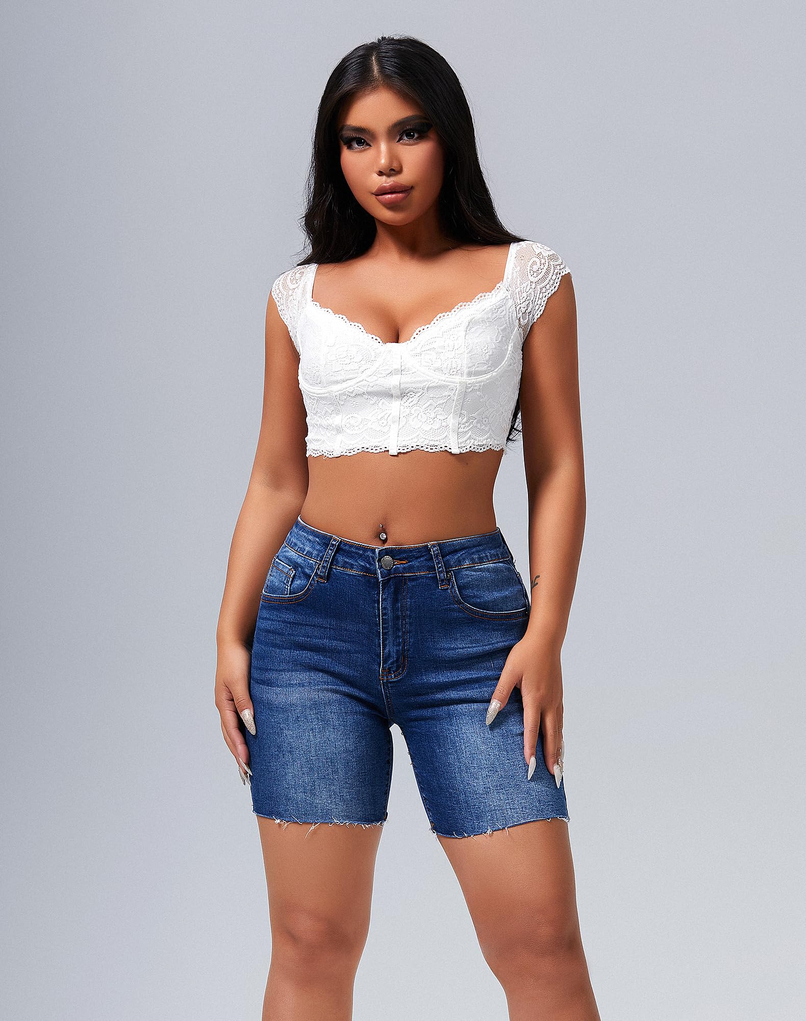 Roswear Women's High Waisted Stretchy Denim Shorts - Mid Thigh Cut Off Jean Shorts for Summer, Casual Wear & Beach Outfits