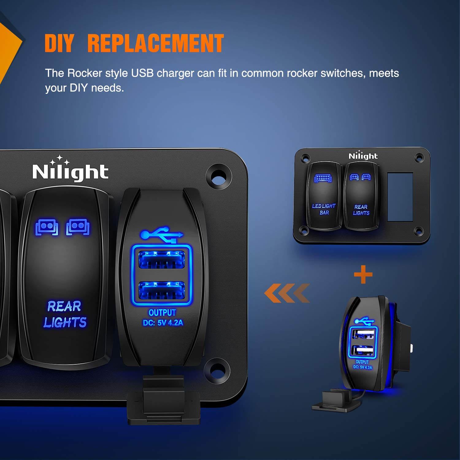 Nilight Dual USB Charger 4.2A Fast Charging Port - 12V/24V Waterproof Quick Charge Socket with Rocker Switch for Cars, Trucks, Boats, RVs | Perfect for Road Trips, Camping & Marine Use | 2-Year Warranty (Blue)