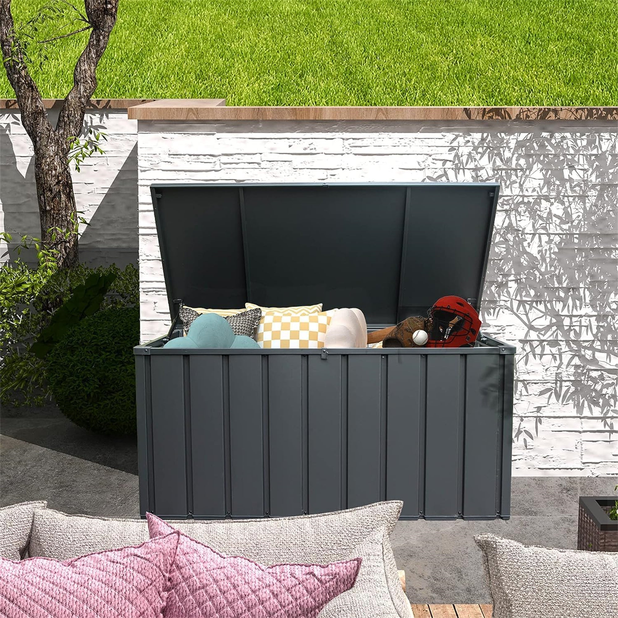 100 Gallon Waterproof Outdoor Storage Deck Box - Large Lockable Patio Storage Bin for Cushions, Pillows, Garden Tools (Dark Gray) - Perfect for Backyard, Deck, and Poolside Organization
