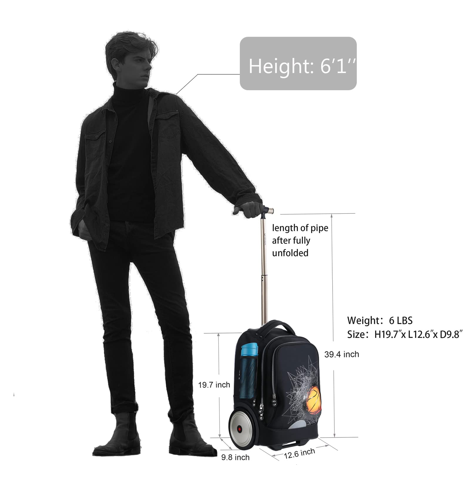 UNIKER 14 Inch Rolling Laptop Backpack with Wheels - 20 Inch Wheeled Computer Bag for Business Travel & Commuting (Basketball Design) - Perfect for Airports, Office & College Campus Use