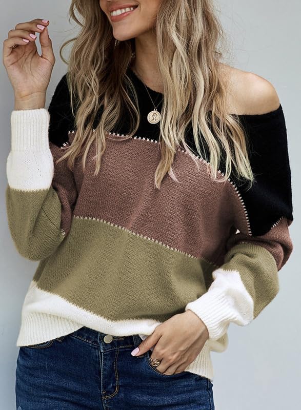 Dokotoo Women's Color Block Sweater Long Sleeve Crewneck Pullover Knit Jumper Top - Casual Winter Fashion for Office, Dating & Holiday Outfits