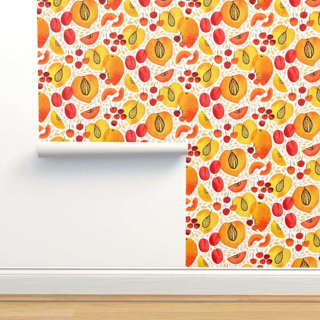 Removable Wallpaper Swatch - Peach Fruit Seeds Plum Cherry Design | Pre-Pasted Peel & Stick Wallpaper by Spoonflower | Perfect for Nursery, Bedroom, or Home Office Decor