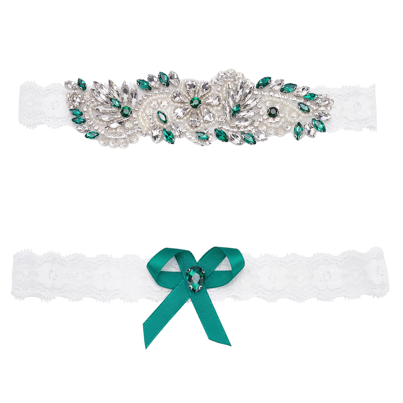 WEBEEDY 2Pcs Rhinestone Wedding Garter Set - Stretch Lace Bridal Garter Belt with Sparkling Rhinestones, Elegant Green Lace Leg Garter for Bride - Perfect for Wedding, Boudoir, Bridal Shower & Photo Shoots