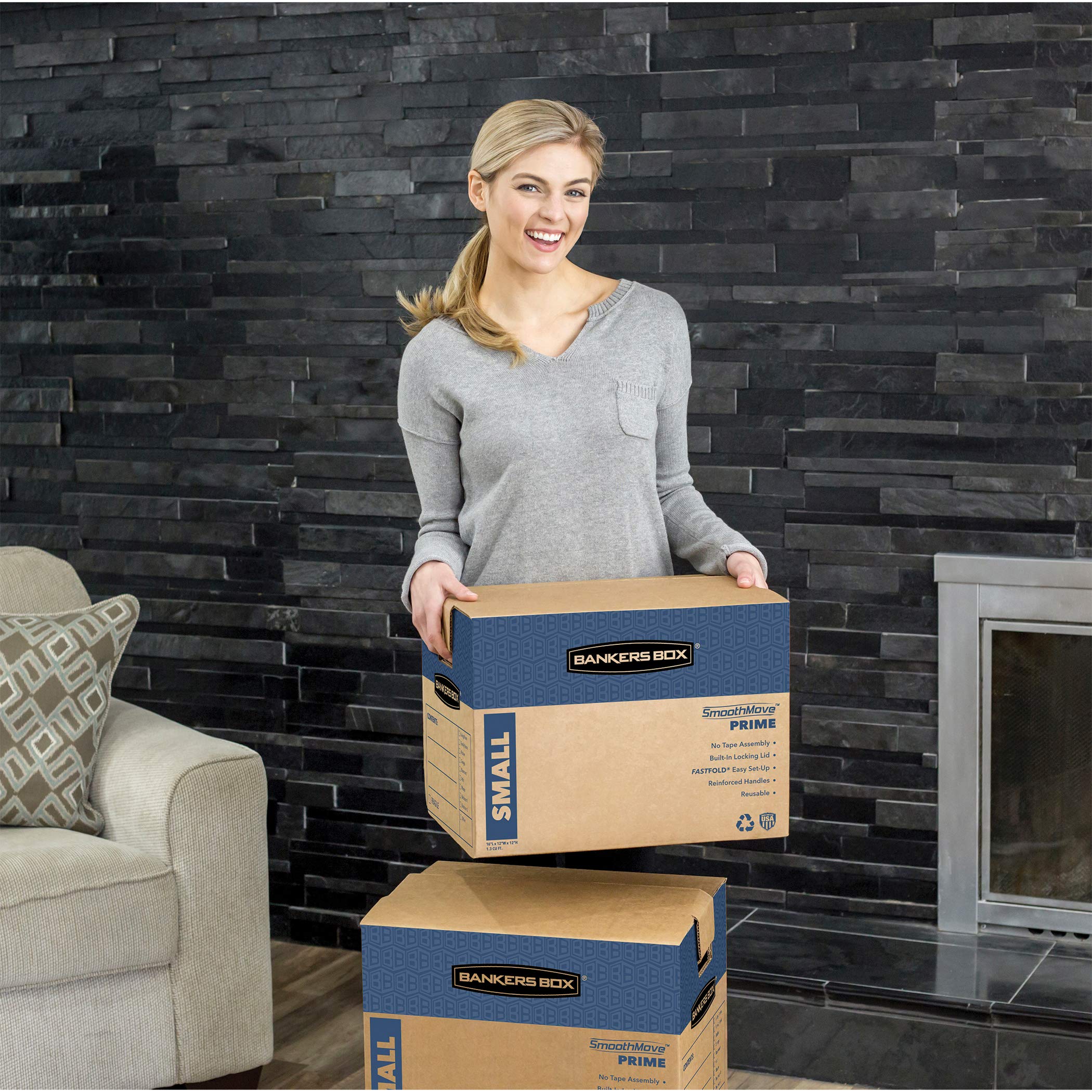 Bankers Box Medium Prime Moving Boxes - 15-Pack with Tape-Free FastFold, Reinforced Handles & Secure Locking Lid | Heavy-Duty Storage for Office, Home & Moving | Perfect for Documents, Books & Household Items
