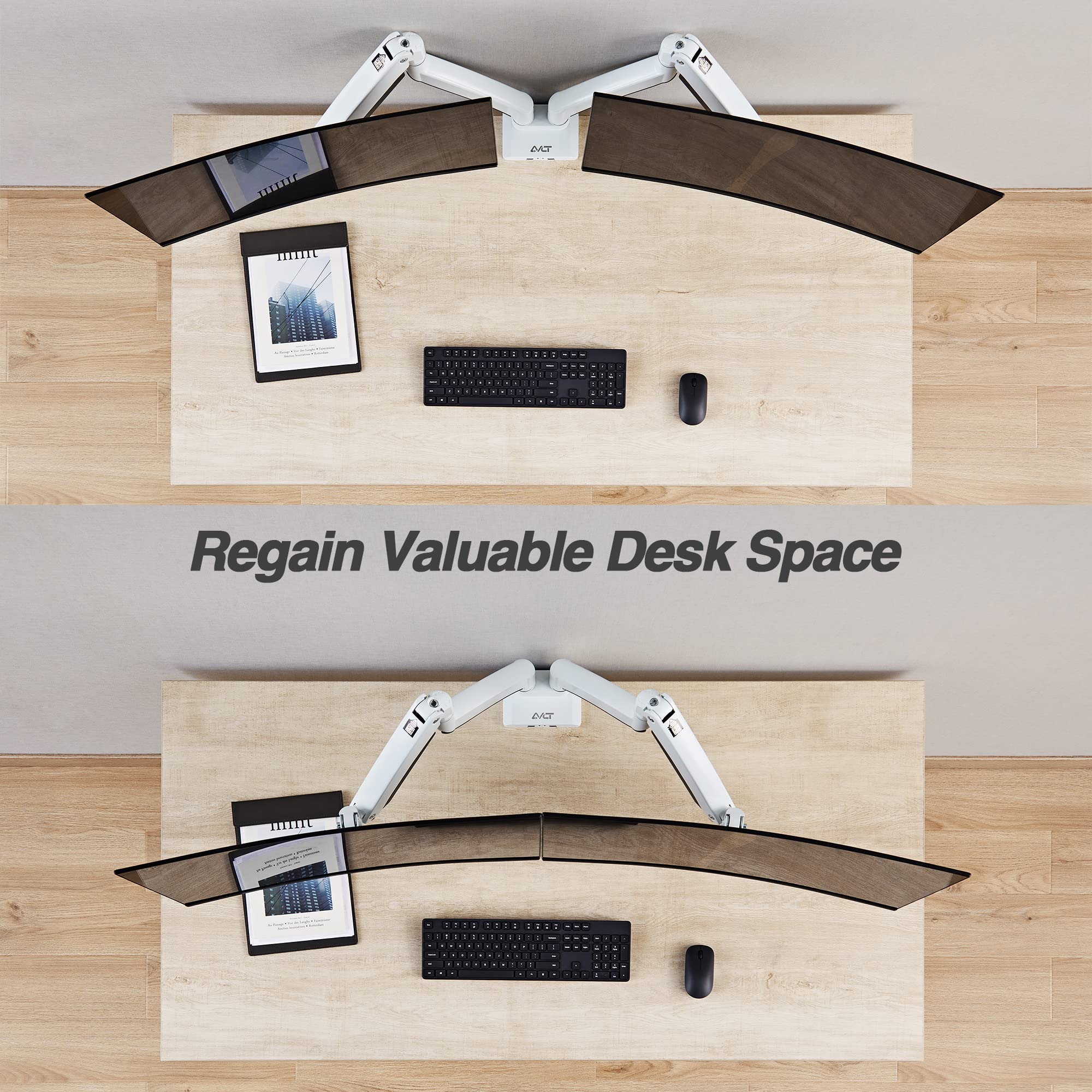 AVLT Dual Monitor Arm 13-43 Inch - Adjustable Full Motion Desk Mount for 2 Flat or Curved Screens with Height, Swivel, Tilt & Rotation - White (VESA 75x75/100x100) - C-Clamp/Grommet Mount & Cable Management - Perfect for Home Office, Gaming Setup & Workstation