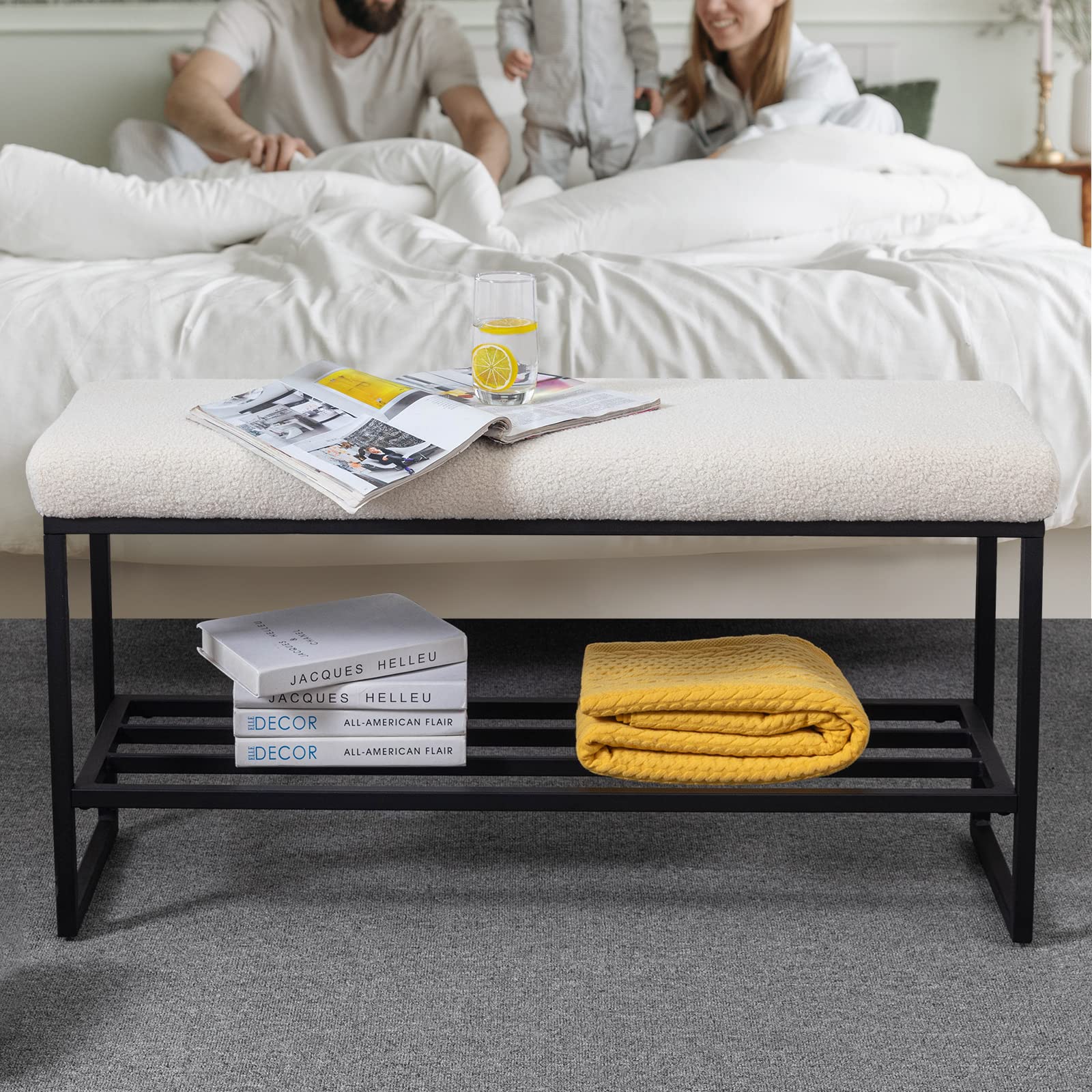 Zesthouse Boucle Upholstered Shoe Bench with Storage - Entryway, Bedroom, Closet & Living Room Organizer - White Metal Shoe Rack for Hallway, Mudroom & End of Bed (Perfect for Small Spaces & Home Organization)