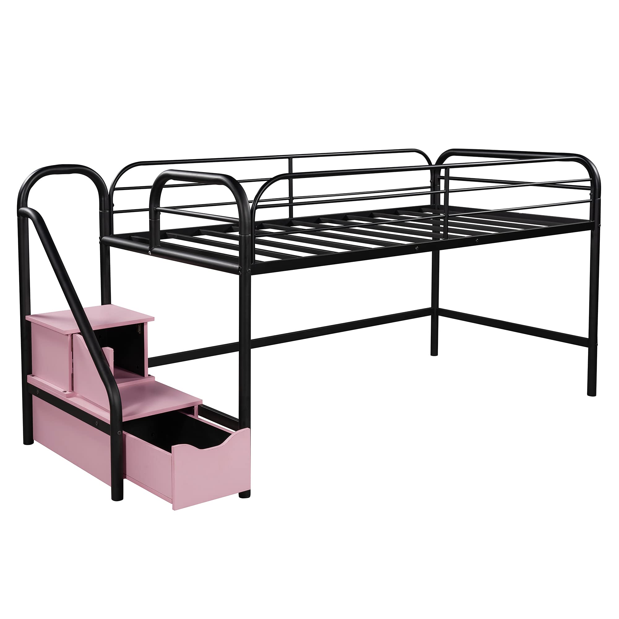 **Low Loft Twin Bed for Kids & Teens - Metal Loft Bed with 2 Storage Steps, No Box Spring Needed, Space-Saving Design - Pink, White, Blue - Perfect for Small Rooms, Dorms & Apartments**