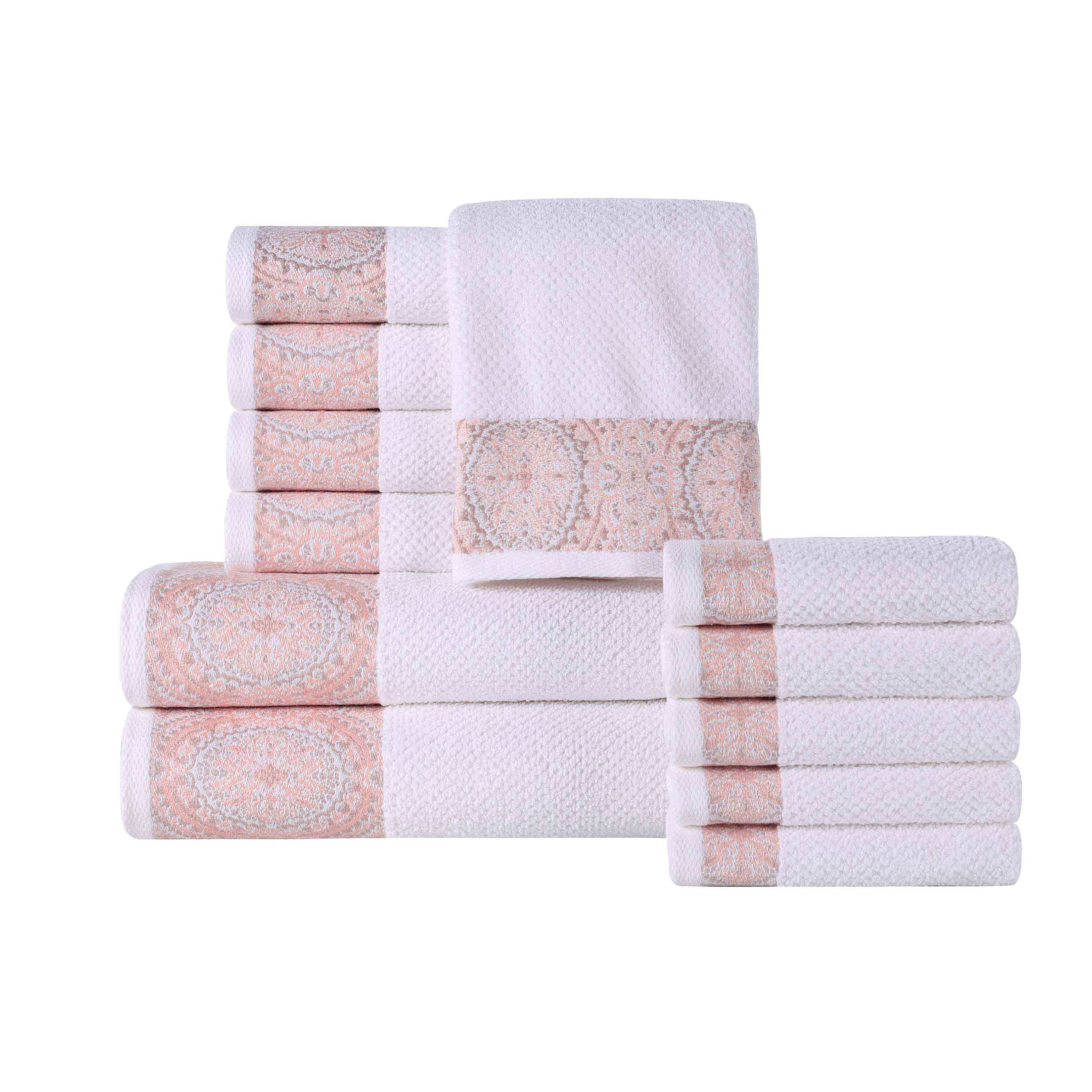 Premium Medallion Cotton Jacquard Textured 12-Piece Towel Set - Soft, Absorbent & Luxurious for Bathroom, Spa & Guest Use