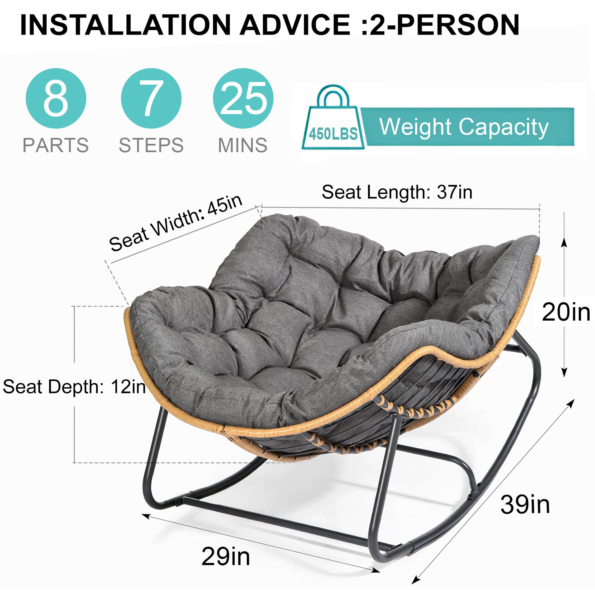 SWITTE Modern Outdoor Rocking Chair - Patio Egg Rocking Chair with Rattan Wicker Design - Indoor Papasan Lounge Chair for Bedroom, Living Room, Porch, Garden & Lawn - Dark Grey - Perfect for Relaxing, Reading & Sunbathing