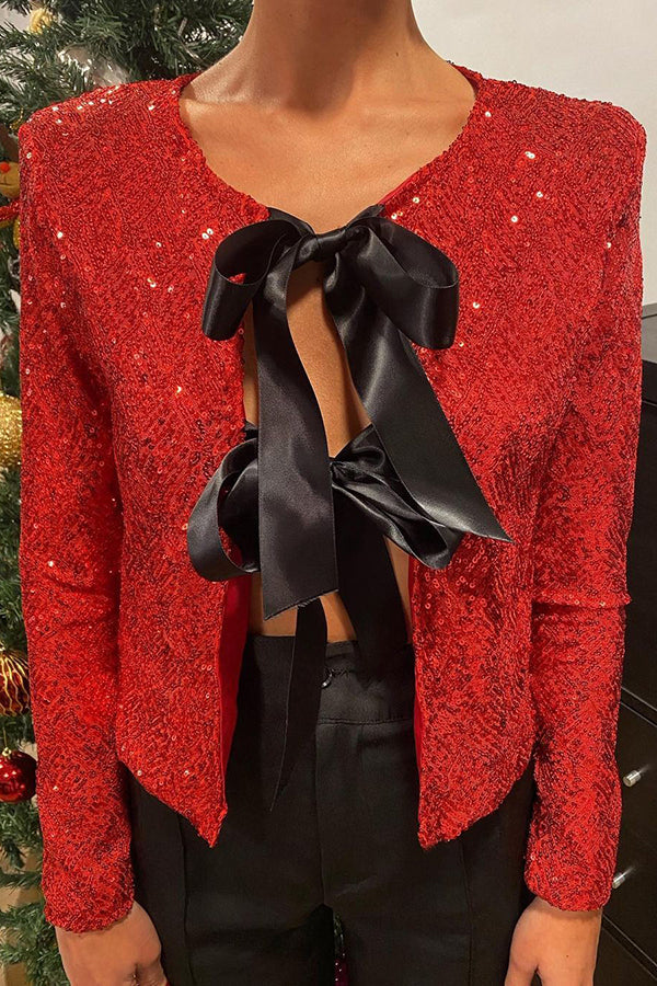 Elegant Tie-Front Bow Sequined Jacket for Women - Perfect for Parties & Date Nights | Two-Way Styling Options