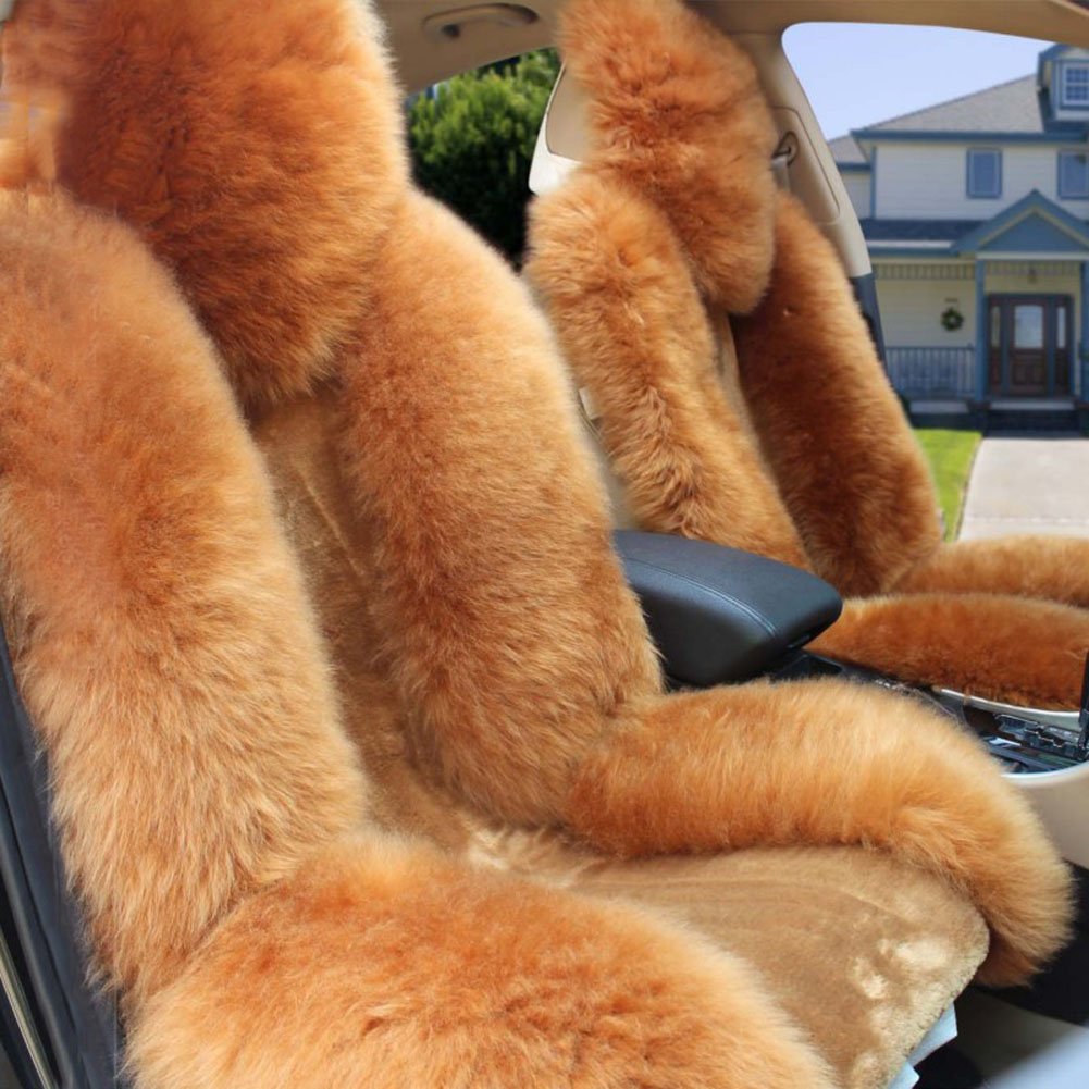 Premium Fluffy Wool Car Seat Covers Set - 4 Piece Luxury Front & Rear Seat Protectors (Camel Color) for Comfort & Style - Perfect for Winter Driving, Road Trips & Vehicle Interior Protection