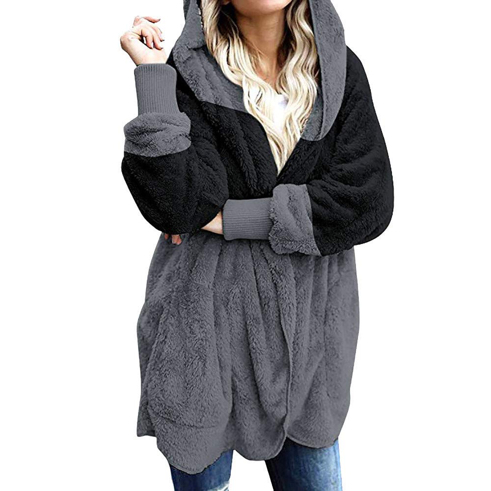 Women's Plus Size Color Block Hooded Cardigan Coat with Pockets - Soft Fleece Lining for Casual Wear, Office, and Outdoor Activities