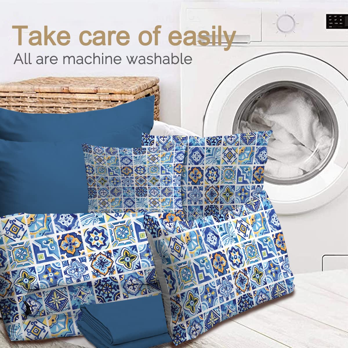 BlessLiving 8-Piece Mediterranean Tile Comforter Set - Full Size Navy & Yellow Down Alternative Bedding | All-Season Traditional Bed in a Bag with Comforter & Sheets | Perfect for Guest Rooms, Vacation Homes & Coastal-Themed Bedrooms