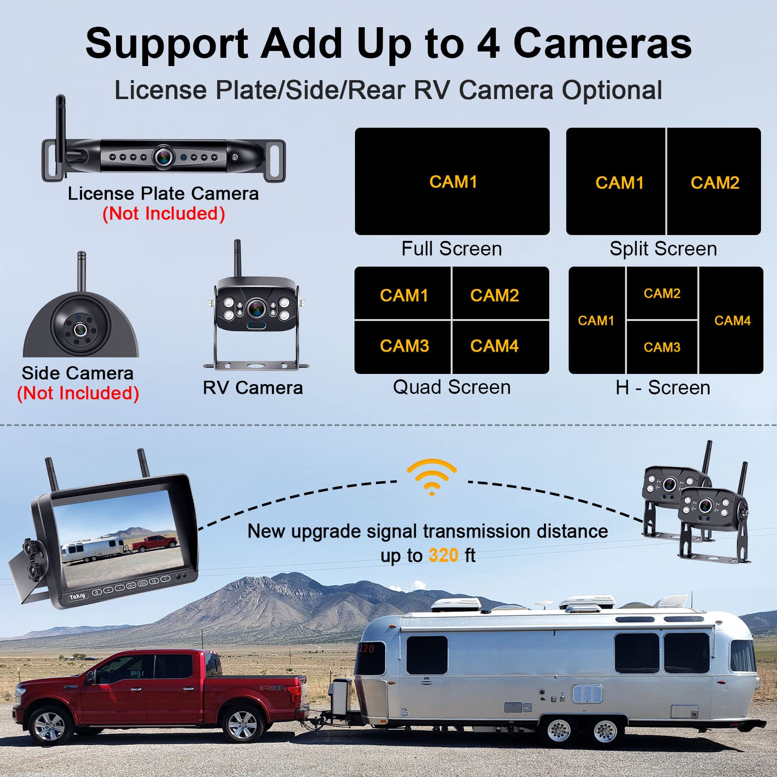 Yakry Y28-36 RV Backup Camera System - Wireless 1080P HD Recording with 7'' Touch Key Monitor, 2 Cameras, Night Vision & 4 Channels | Plug & Play Pre-Wired for Furrion System | Perfect for Trailers, Trucks & Motorhomes (Rear View Safety & Parking Assistance)