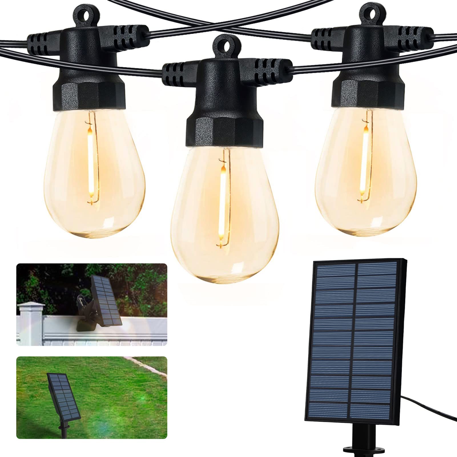 JESLED 33ft Solar String Lights Outdoor Waterproof - Solar Powered & USB Charging LED Patio Lights with Shatterproof Edison Bulbs for Garden, Backyard, Wedding, Party & Ambiance Lighting